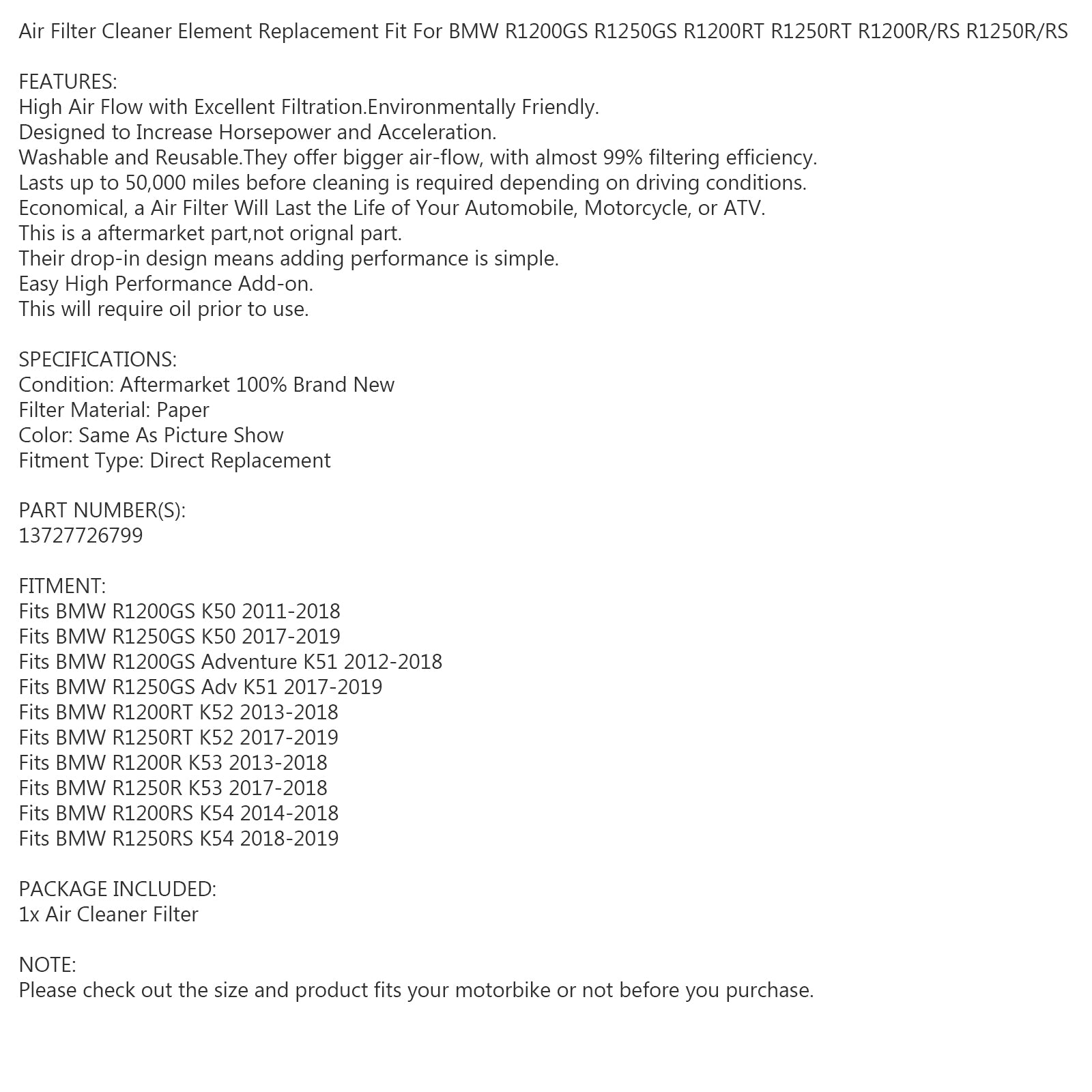 Zračni filter za BMW R 1200 GS/R/RT R 1250 GS/R/RT K50-K54 2011-2019 Generic