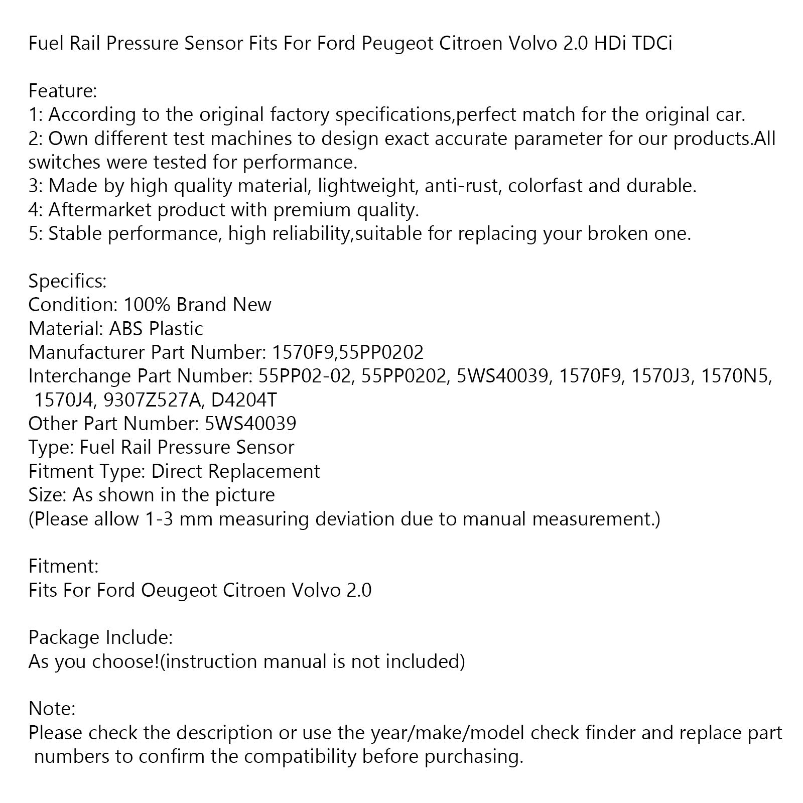 Brandstofraildruksensor voor Ford Peugeot Citroen Volvo 2.0 HDi TDCi Generiek