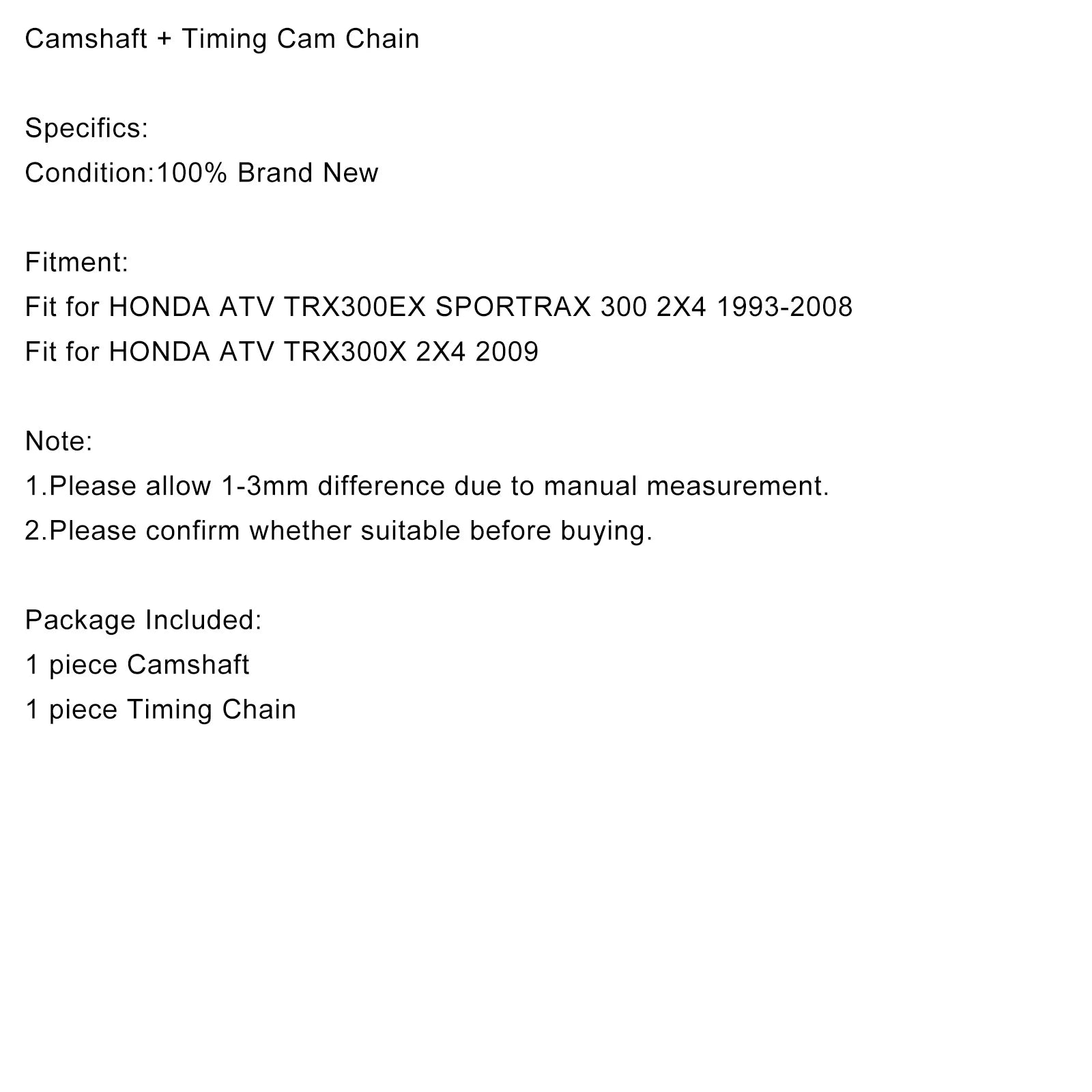 Areyourshop Kit de chaîne de distribution d'arbre à cames et de came pour HONDA TRX300EX Sportrax 300 TRX300X 1993-2008