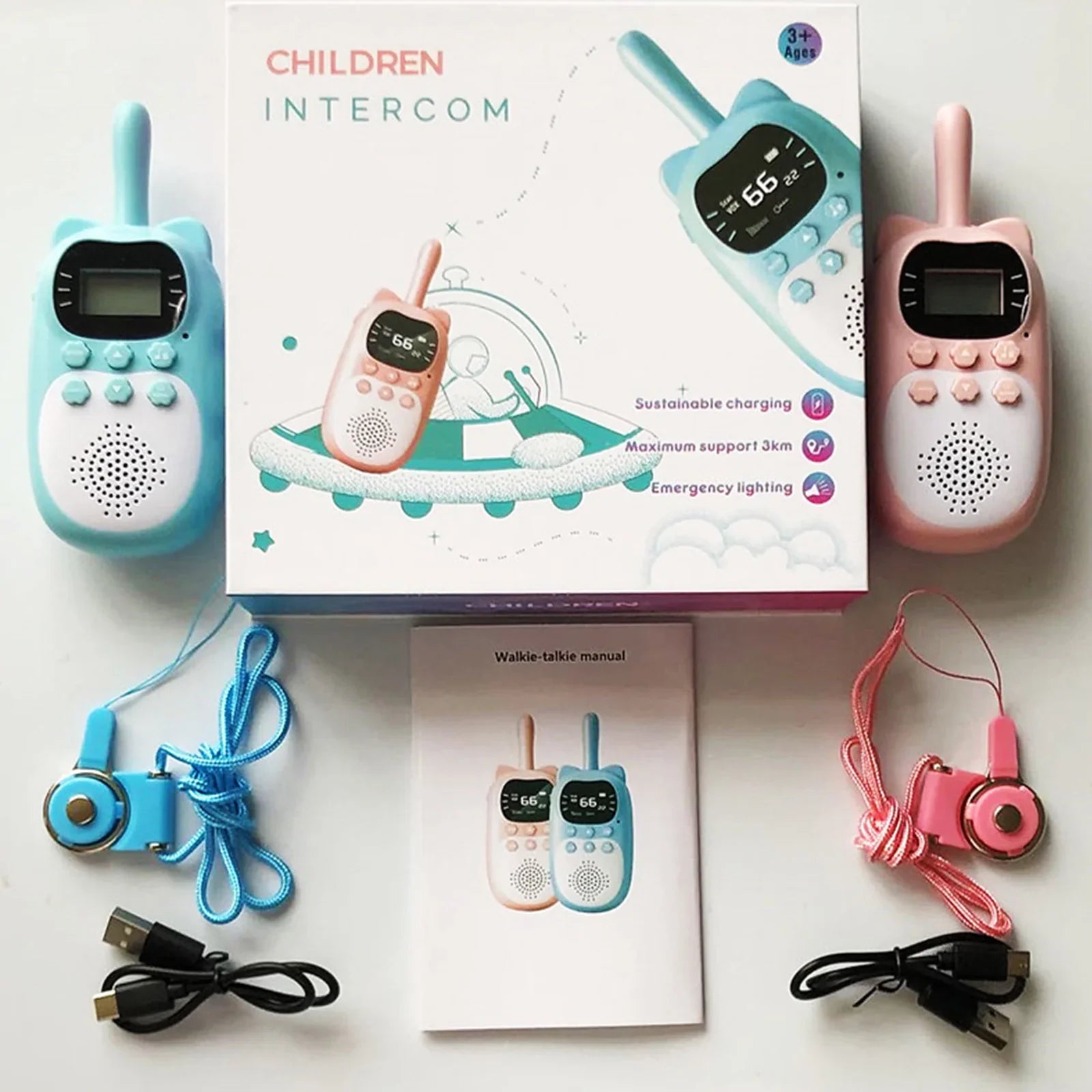 Pack de 2 Talkies-walkies Enfants - Portée 3 km - 22 Canaux - Lampe de Poche - Rechargeable