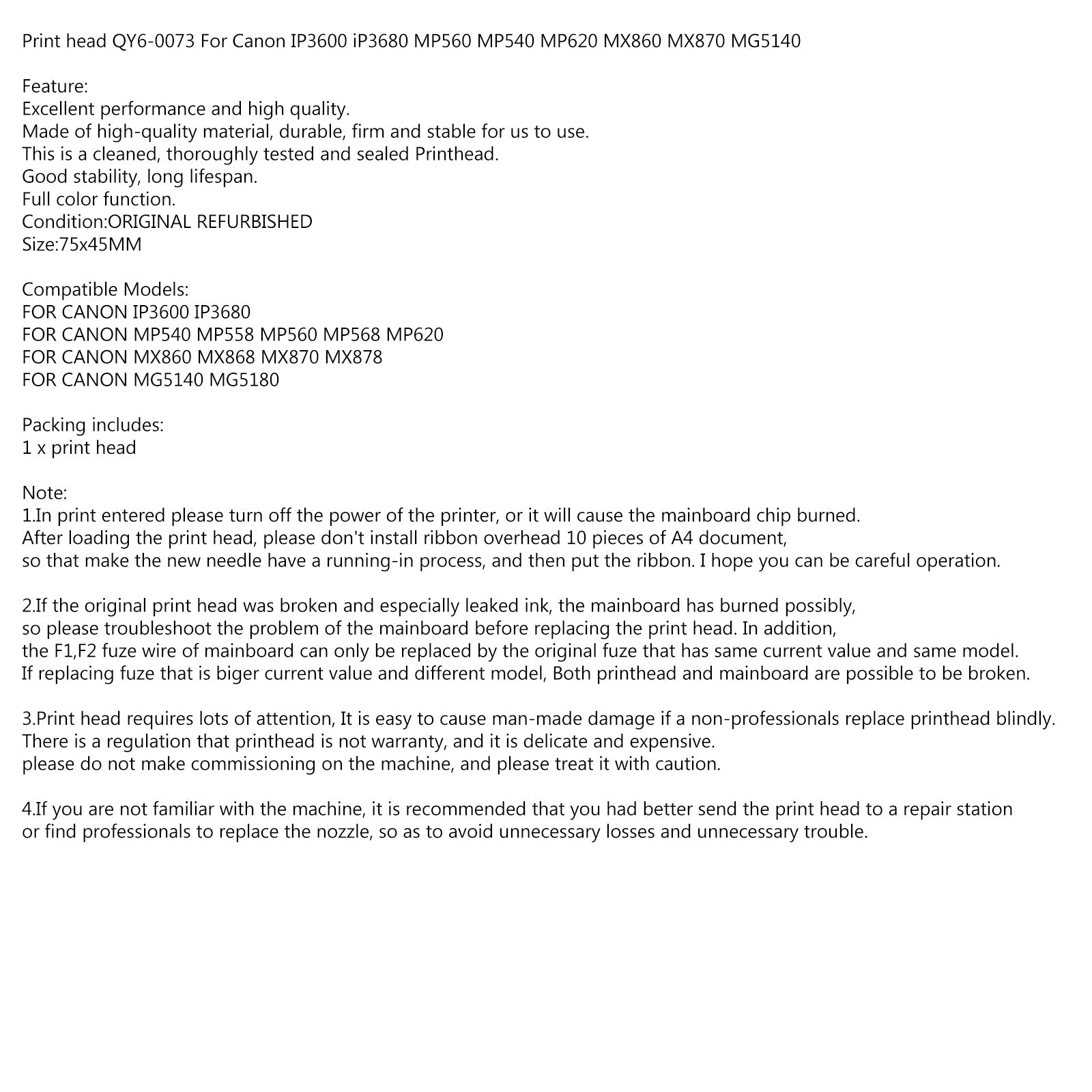 Printkop QY6-0073 voor Canon IP3600 iP3680 MP560 MP540 MP620 MX860 MX870 MG5140