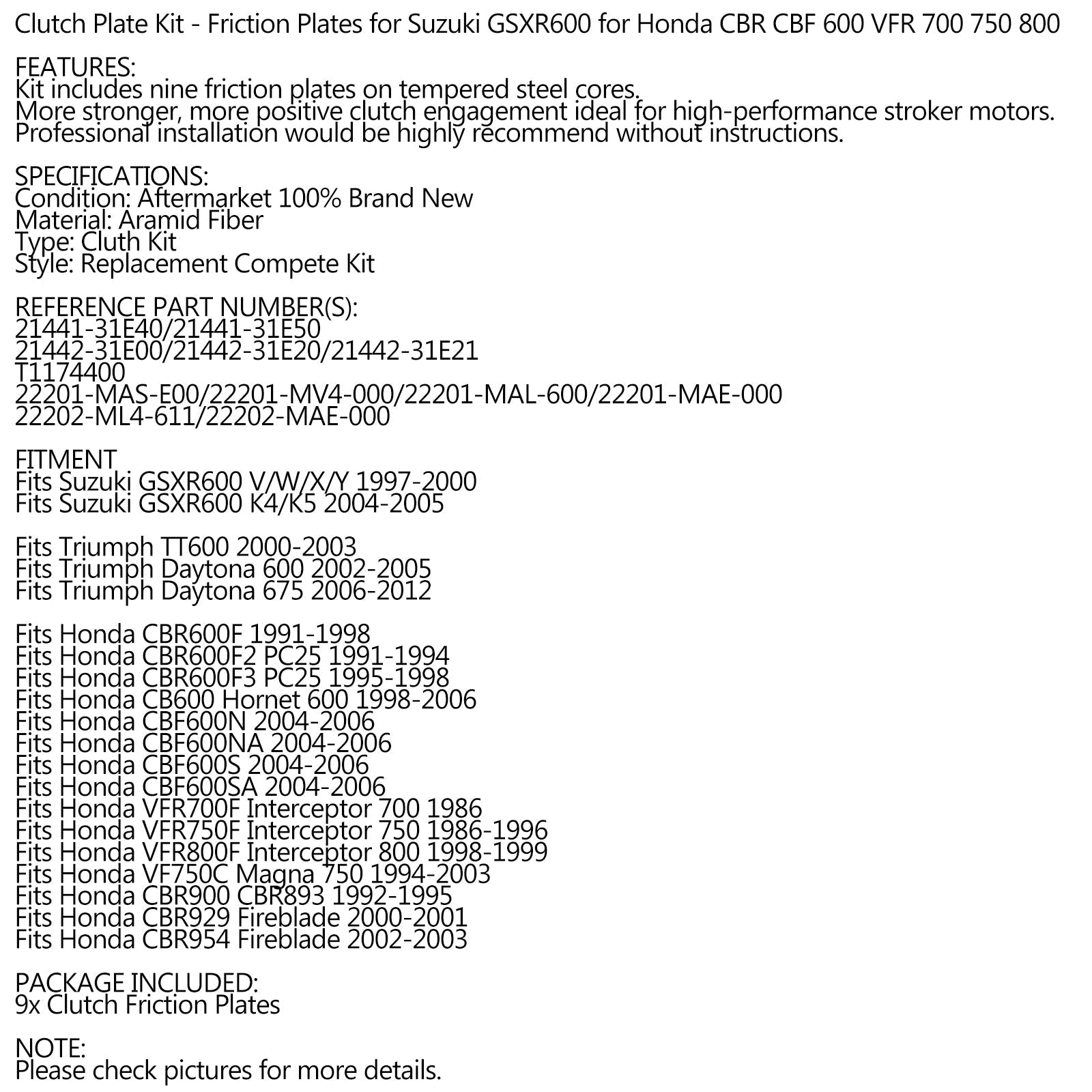 Jeu de disques de friction d'embrayage pour Honda CBR CBF 600 VFR 700 750 800 Generic