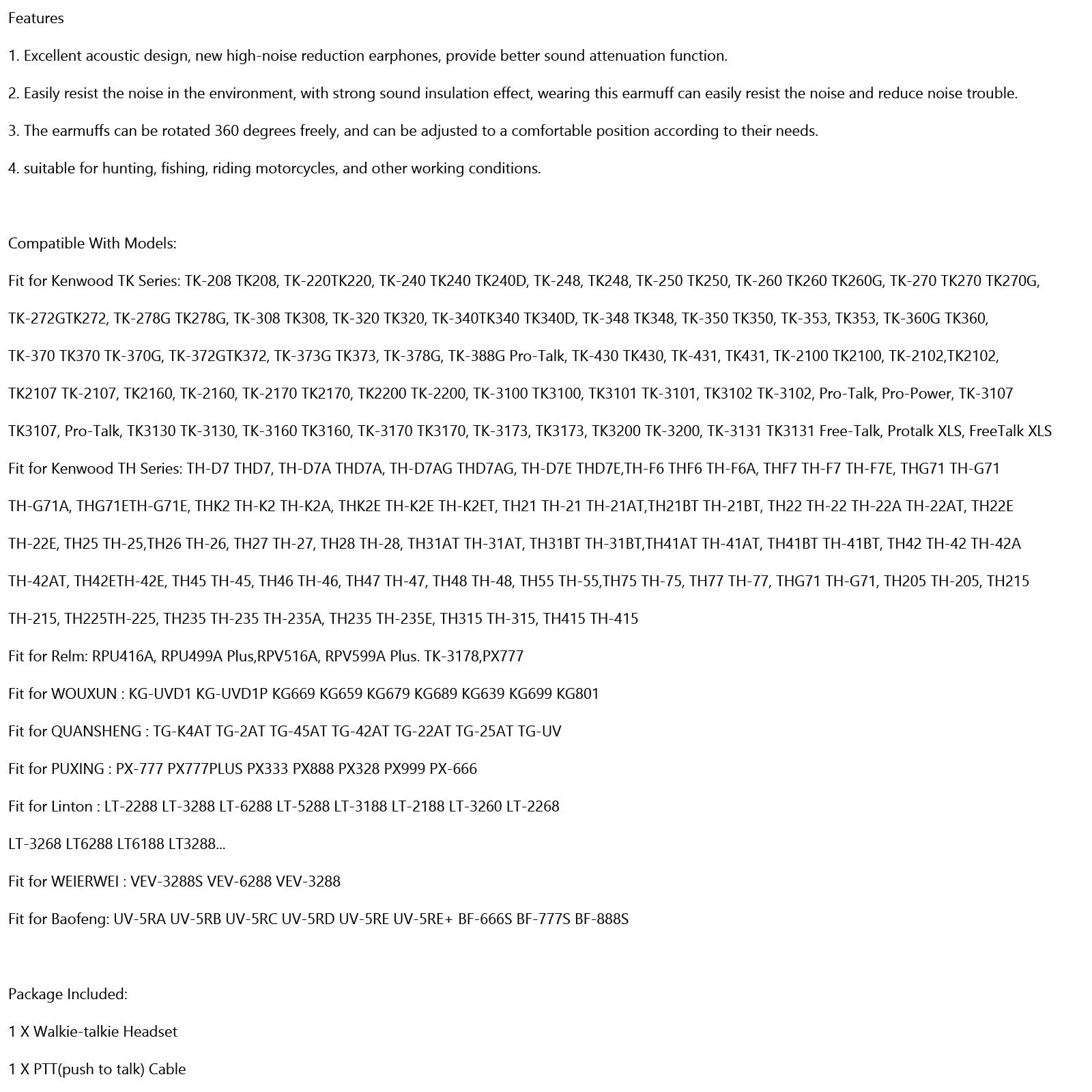 Regulowane słuchawki z redukcją szumów dla Kenwood BaoFeng TK3107 TK3207