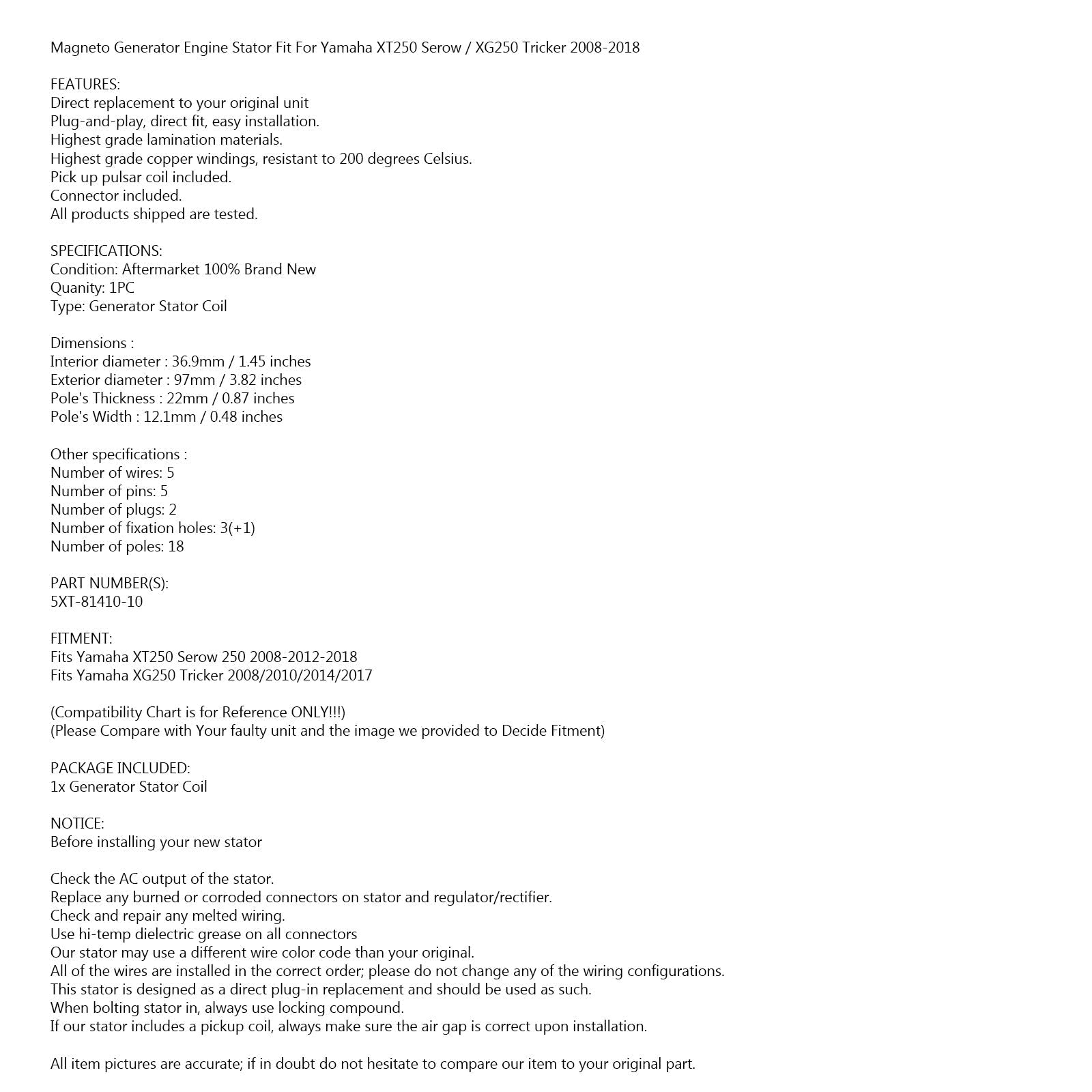 STATOR GENERAATTORIN ALTERNAATTORI Sopii Yamaha XT250 XG250 Tricker 5XT-81410-10-00