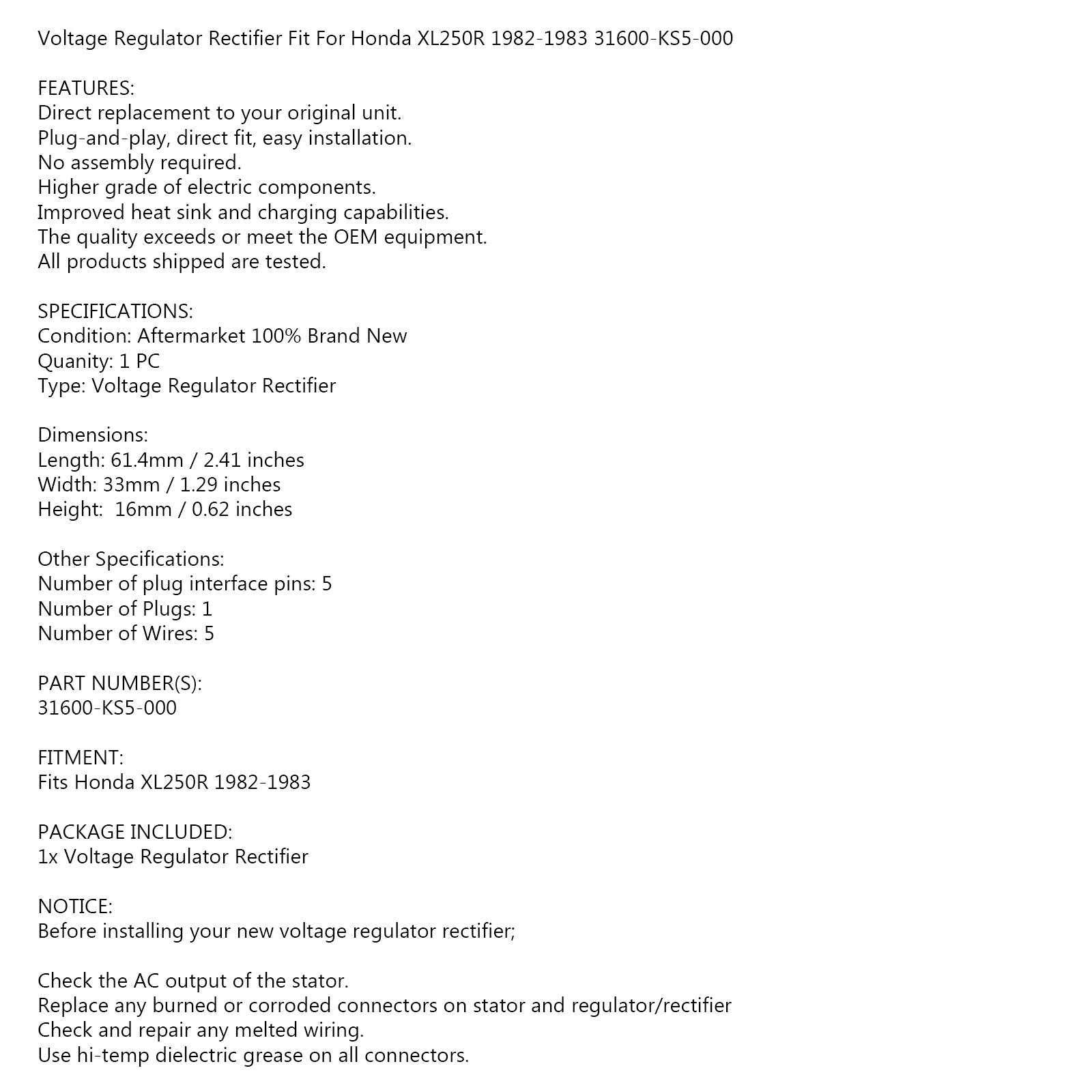 Jännitteensäätimen tasasuuntaaja Honda XL250 R 1982 1983 SH542-12 31600-KS5-000 Generic