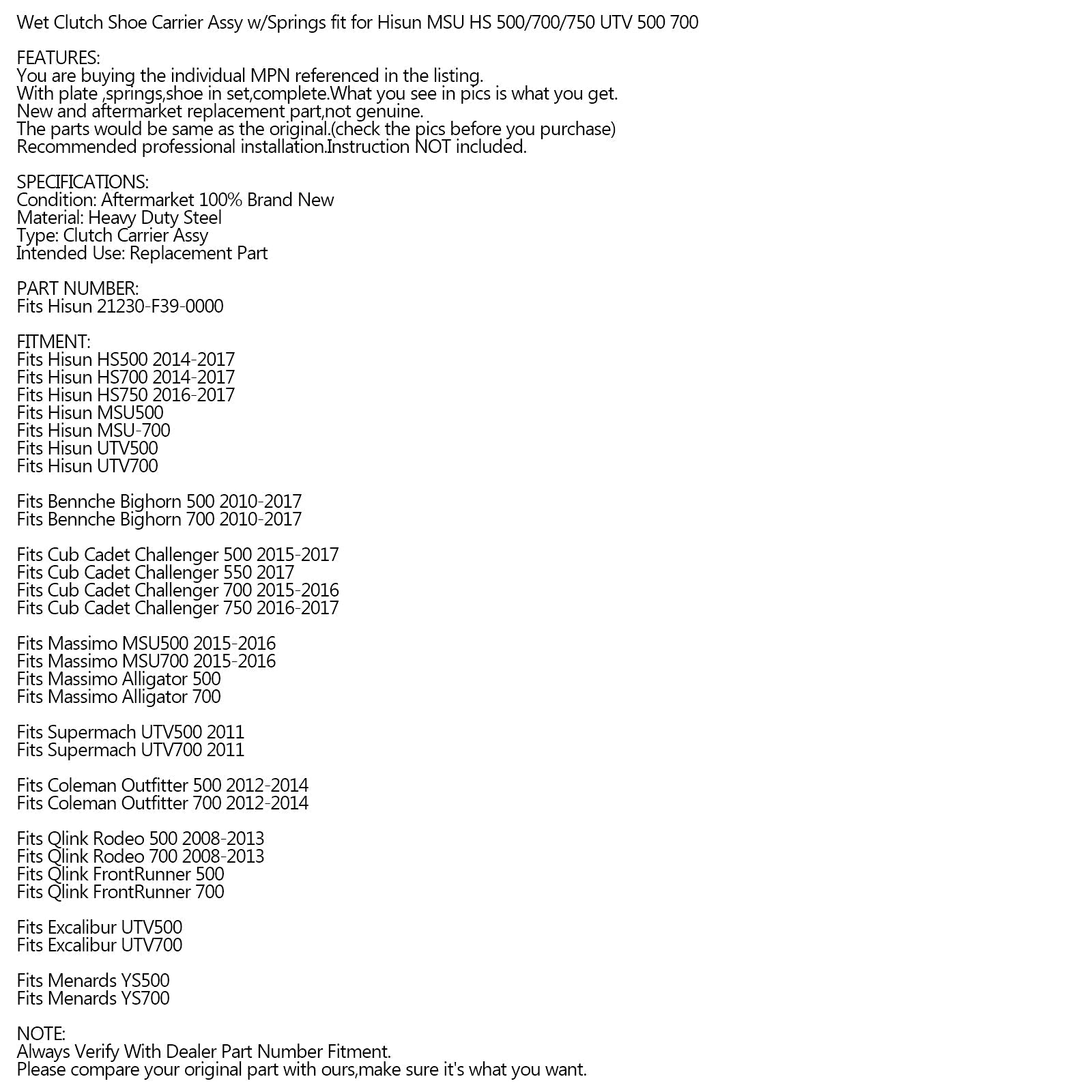 Porte-chaussures 'embrayage humide Assy avec ressort pour HISUN UTV ATV 500 700 COLEMAN BENNCH générique