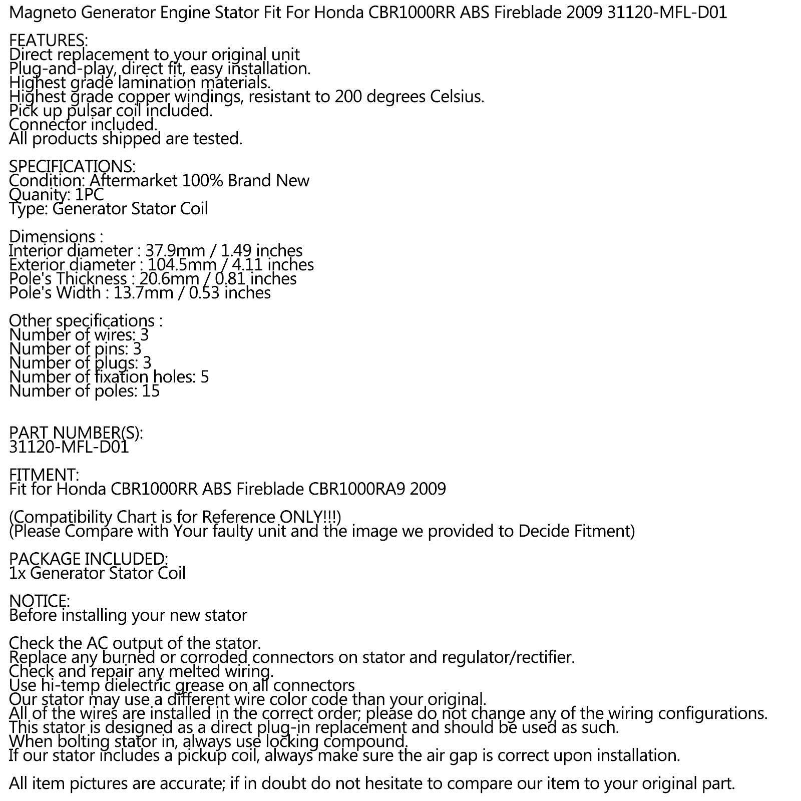 Areyourshop Stator Magneto Fit for Honda CBR 1000 RR ABS 2009 CBR1000RR Repl.31120-MFL-D01 Generic
