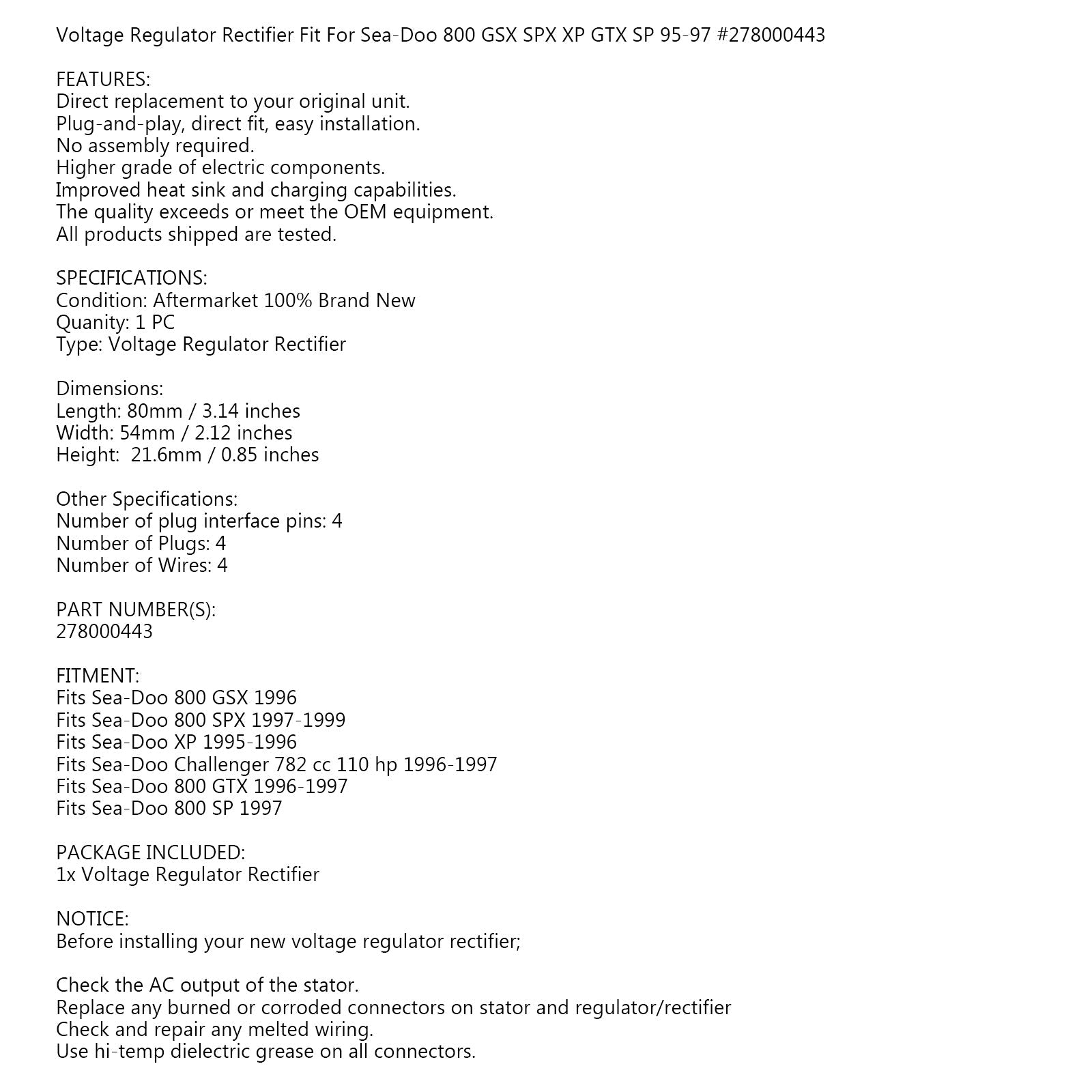 Tasasuuntaajan jännitteensäädin SeaDoo GTX Challengerille GSX XP SP SPX 278000443 Generic