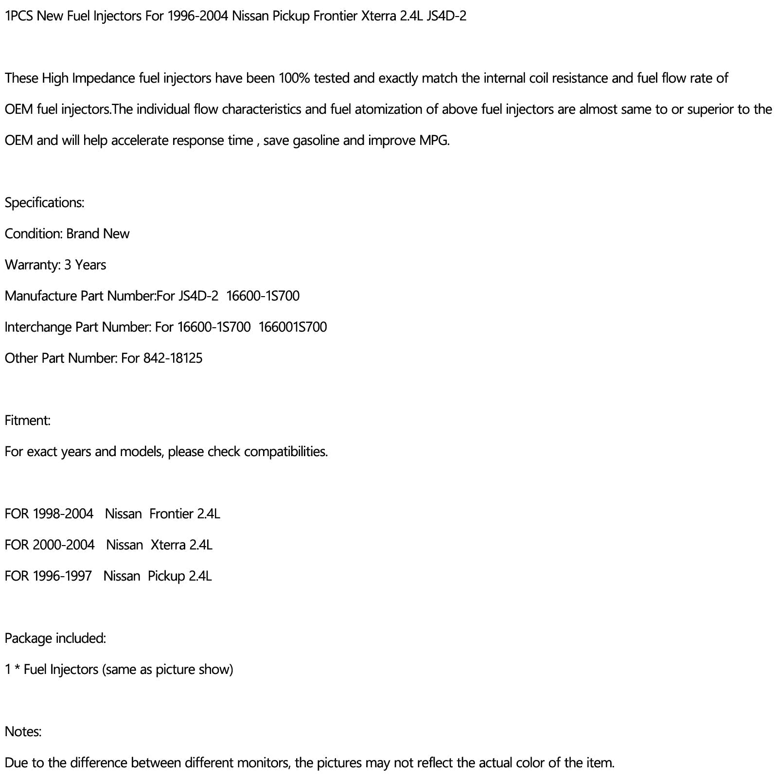 1 pièces nouveaux injecteurs de carburant pour 96-04 Nissan pick-up Frontier Xterra 2.4L JS4D-2 générique