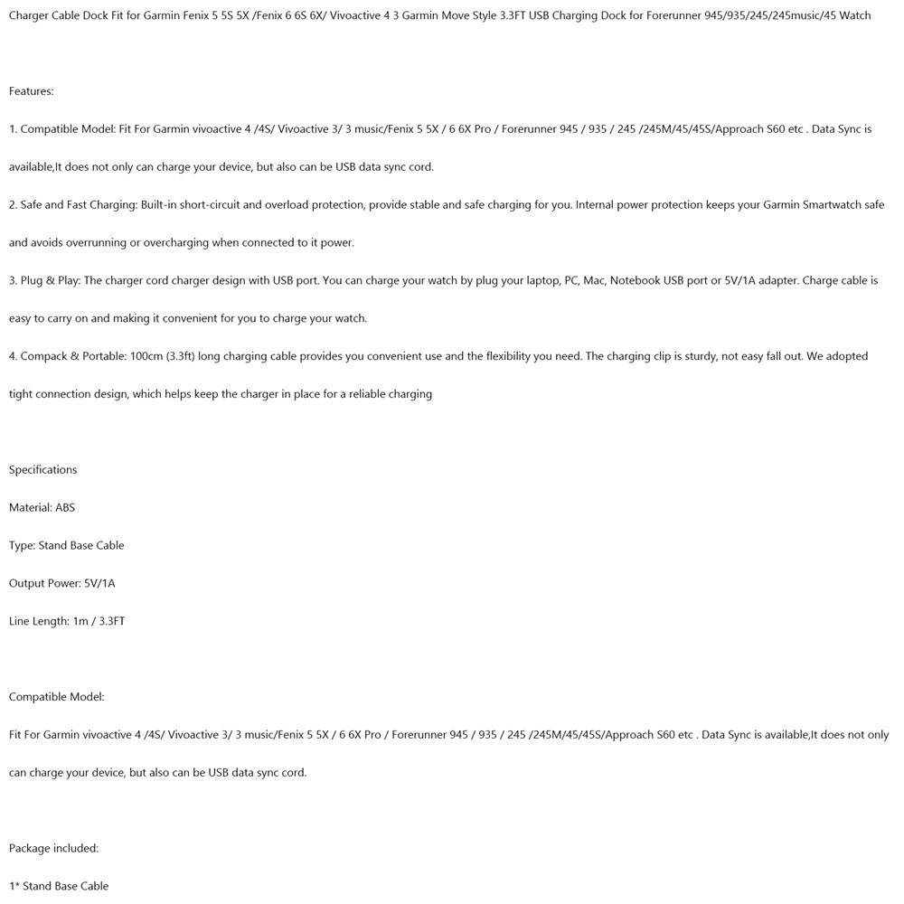 Cargador de cable de base de carga USB apto para reloj Garmin Fenix 5 5S 5X Plus
