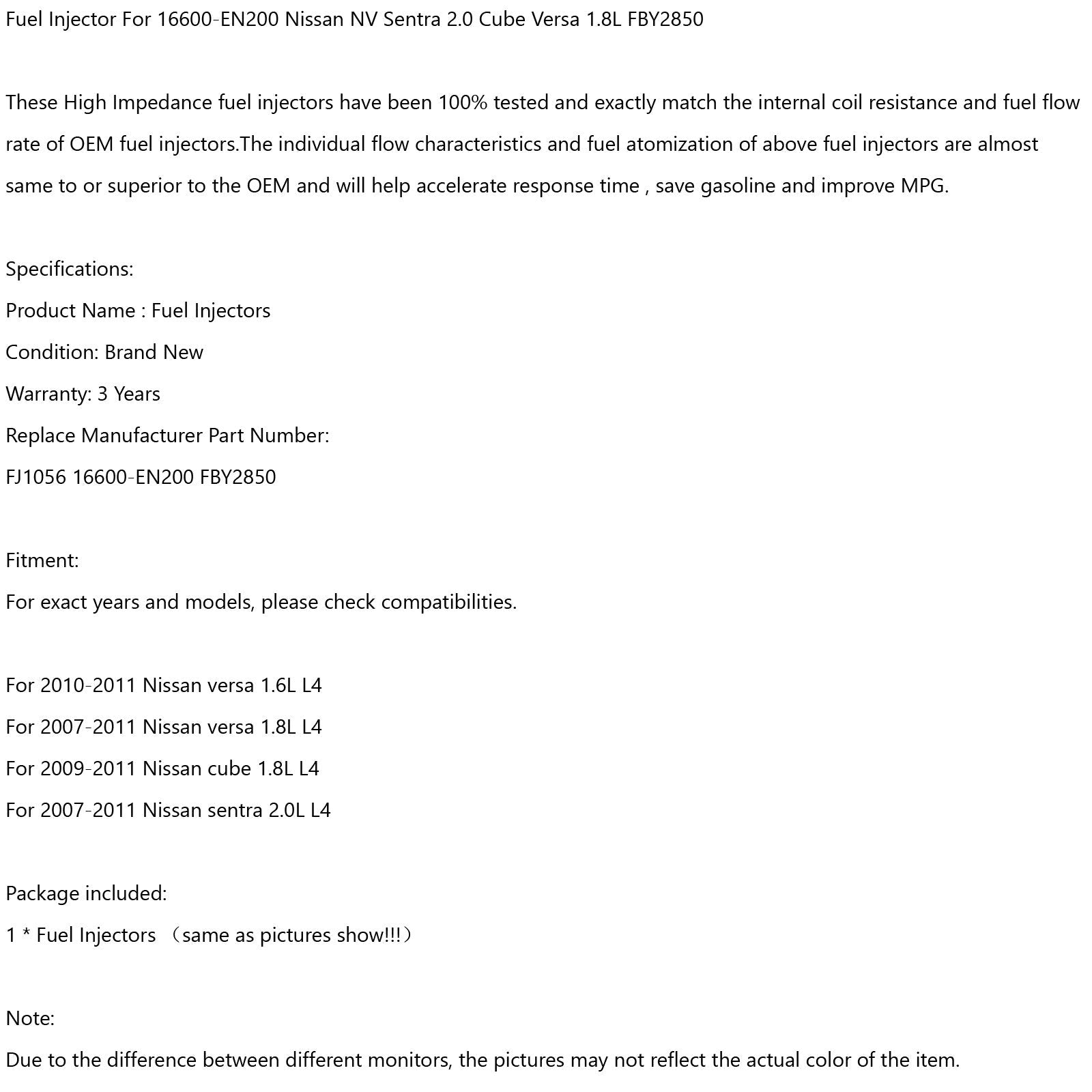 1 PCS za injektor za gorivo Fit 16600-EN200 Nissan NV Sentra 2.0 Cube Versa 1.8L FBY2850 generic