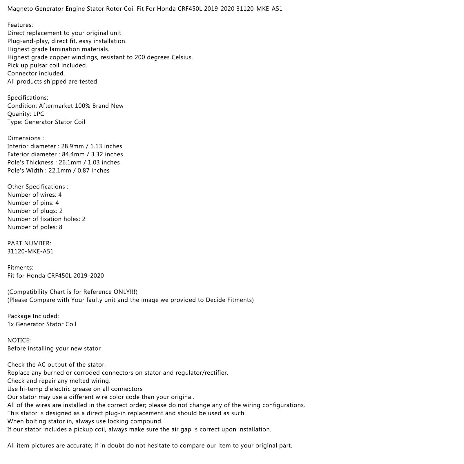 Statore del generatore magnete Areyourshop per Honda CRF 450 L CRF450L 2019 2020 31120-MKE-A51