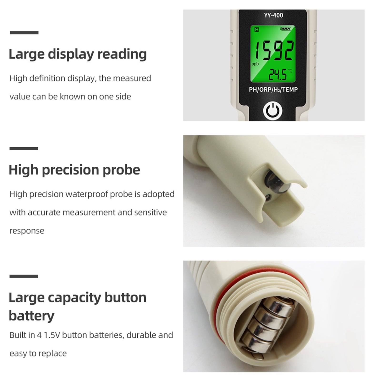 Stylo de test portable 4 en 1 riche en hydrogène PH / ORP / TEMP Testeur de qualité de l'eau