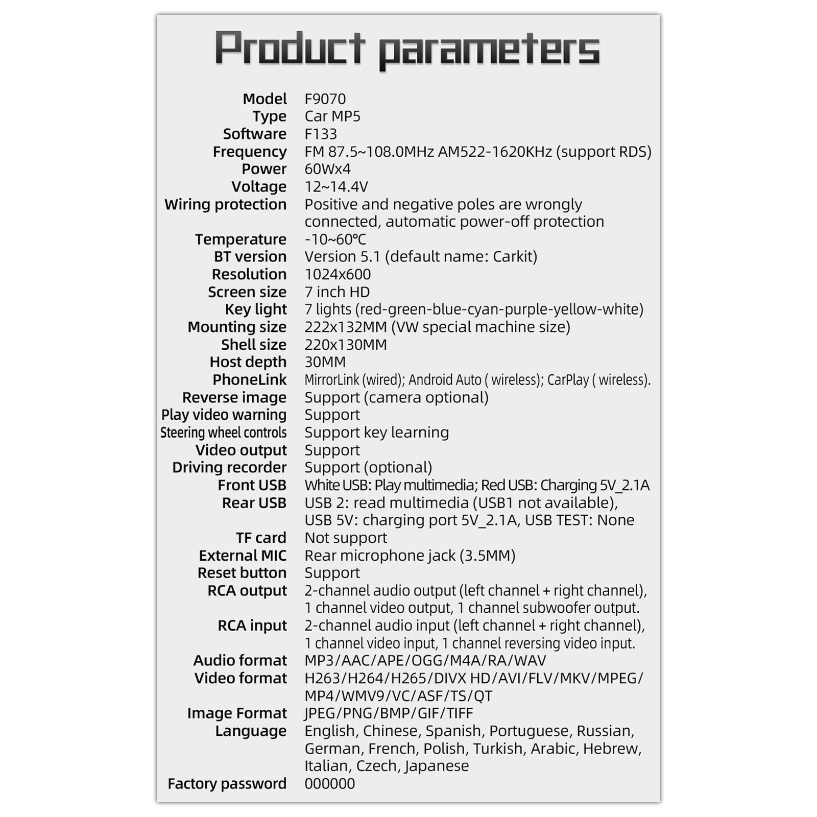 7 "Volkswagen Coche Bluetooth Radio Coche Reproductor MP5 Inalámbrico Carplay + 4 Cámara LED