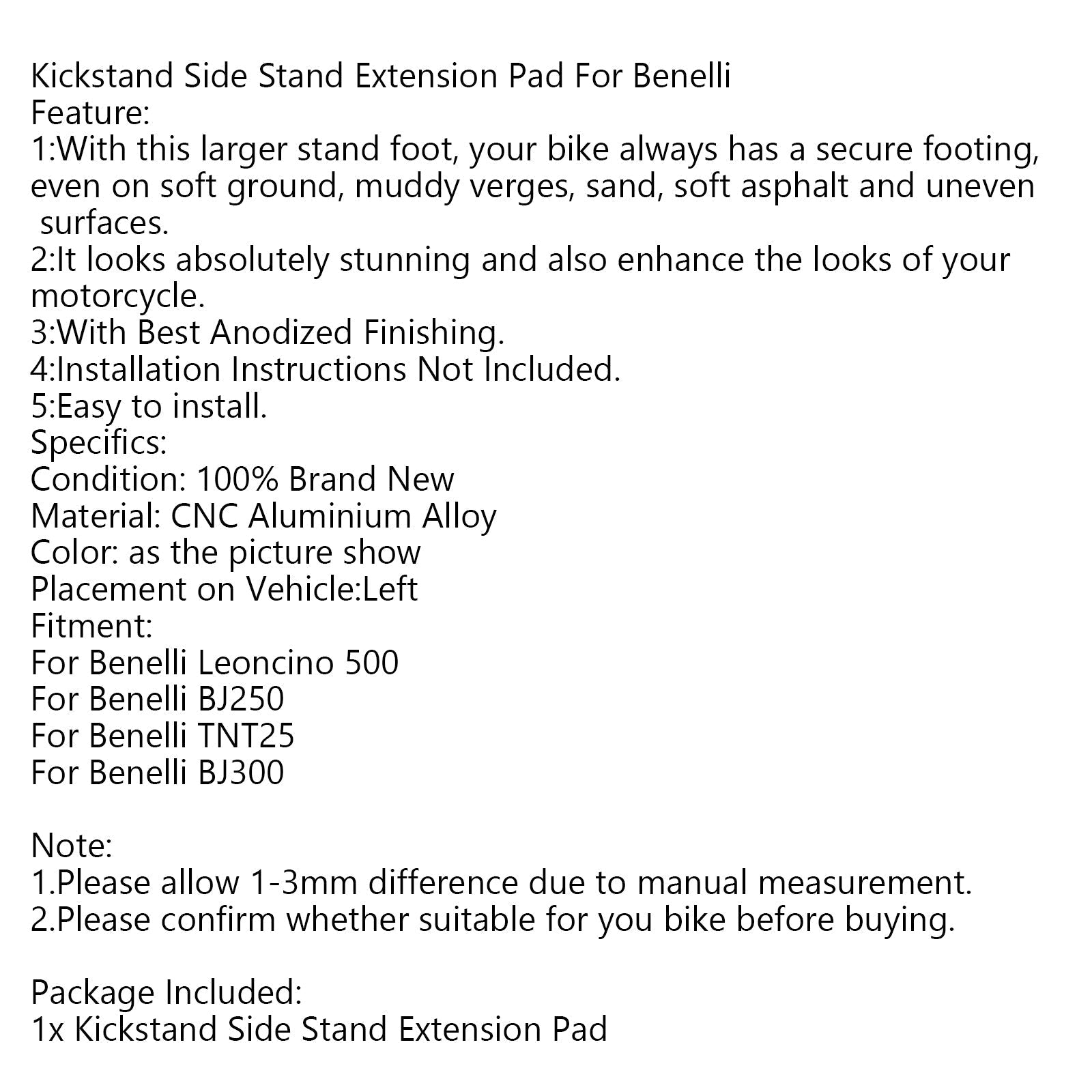 Support d'extension de béquille latérale pour Benelli Leoncino 500 BJ250 TNT25 BJ300 générique