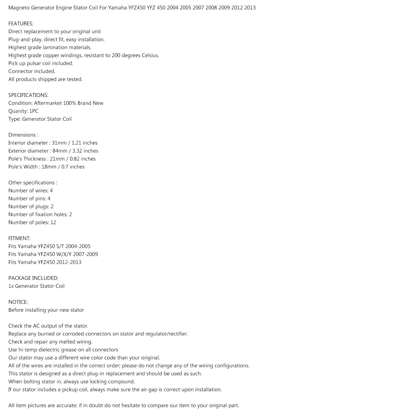 Stator generatorja magneta za Yamaha YFZ 450 2004 2005 2007 2008 2009 2012 2013 generic