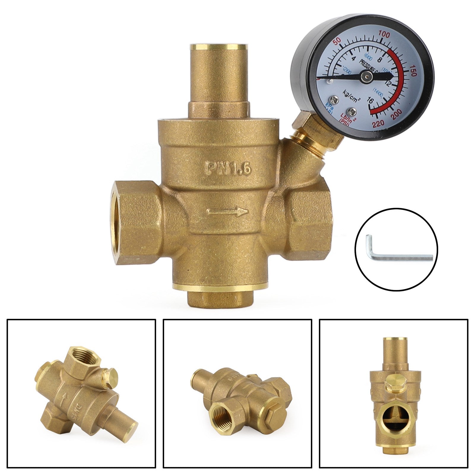 Reductor regulador de presión de agua ajustable de latón DN15 1/2" con medidor genérico
