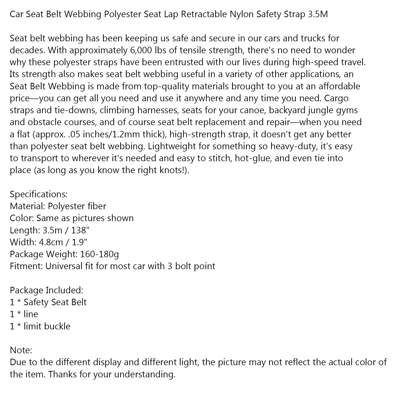 Autogordel Gordel Polyester Zitplaats Lap Intrekbare Nylon Veiligheidsband 3,5M Generiek