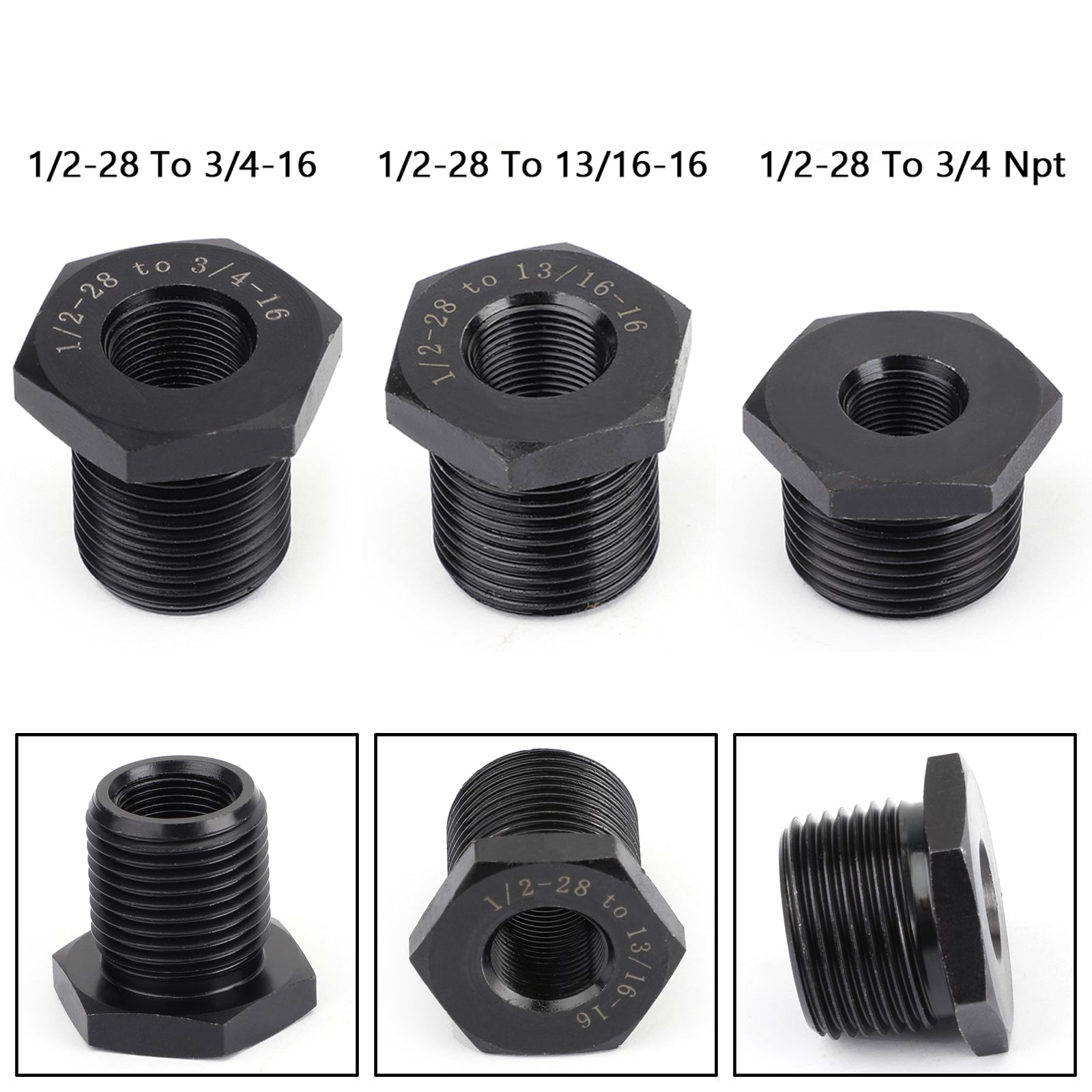 3 stuks 1/2-28 tot 3/4-16, 13/16-16, 3/4 NPT oliefilteradapters zwart nieuw generiek
