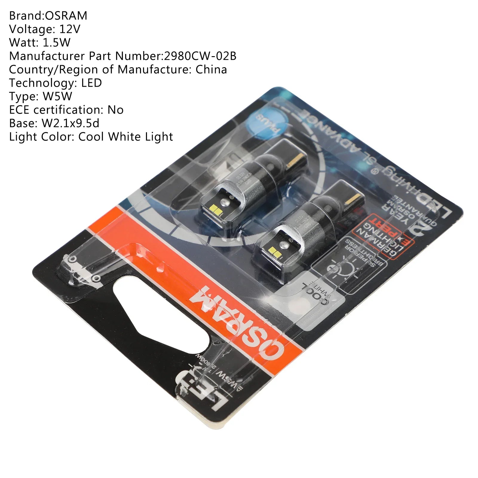 2x Pour OSRAM 2980CW Voiture Auxiliaire Ampoules LED W5W 12V1.5W W2.1x9.5d Générique