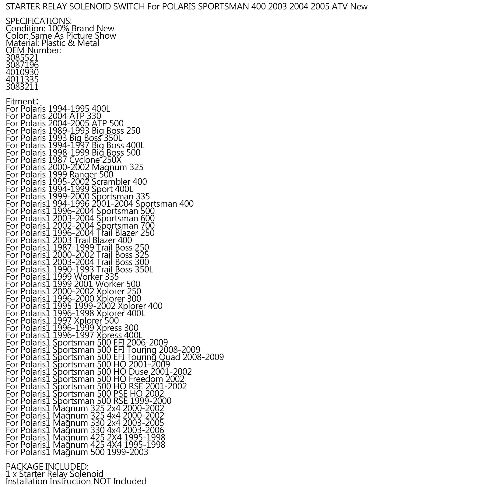 Przełącznik elektromagnetyczny przekaźnika rozrusznika dla POLARIS SPORTSMAN 400 2003 2004 2005 ATV nowy ogólny