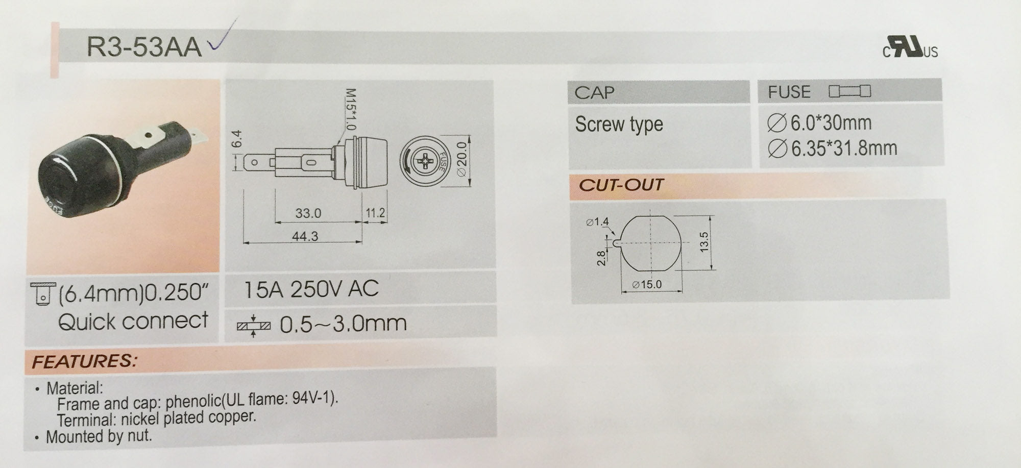 Sci R3-53AA Podpora sklada za financiranje montage na plošči za steklena sredstva 6x30mm 15A 250V
