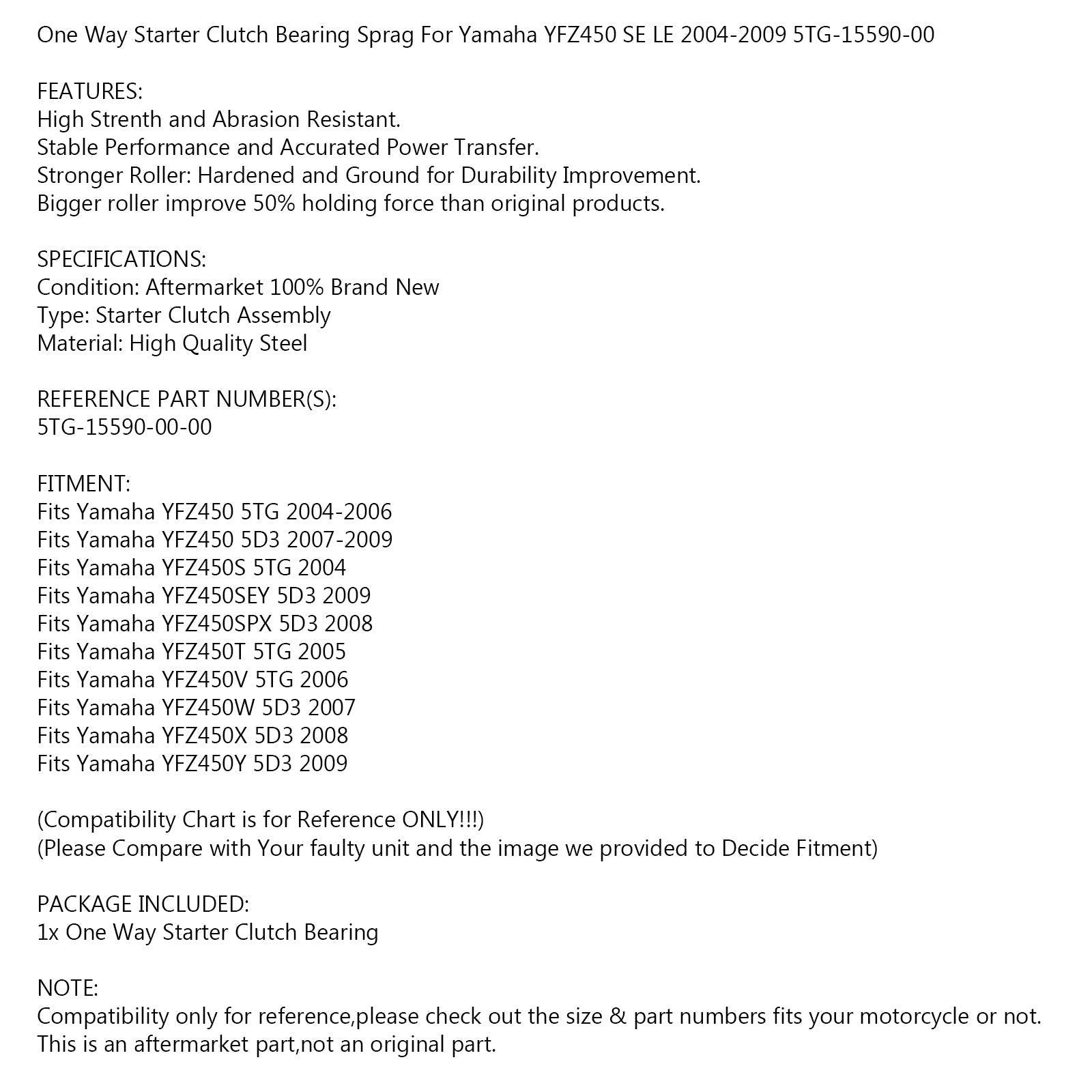 Cuscinetto frizione avviamento unidirezionale per Yamaha YFZ450 SE LE 04-2009 5TG-15590-00 Generico