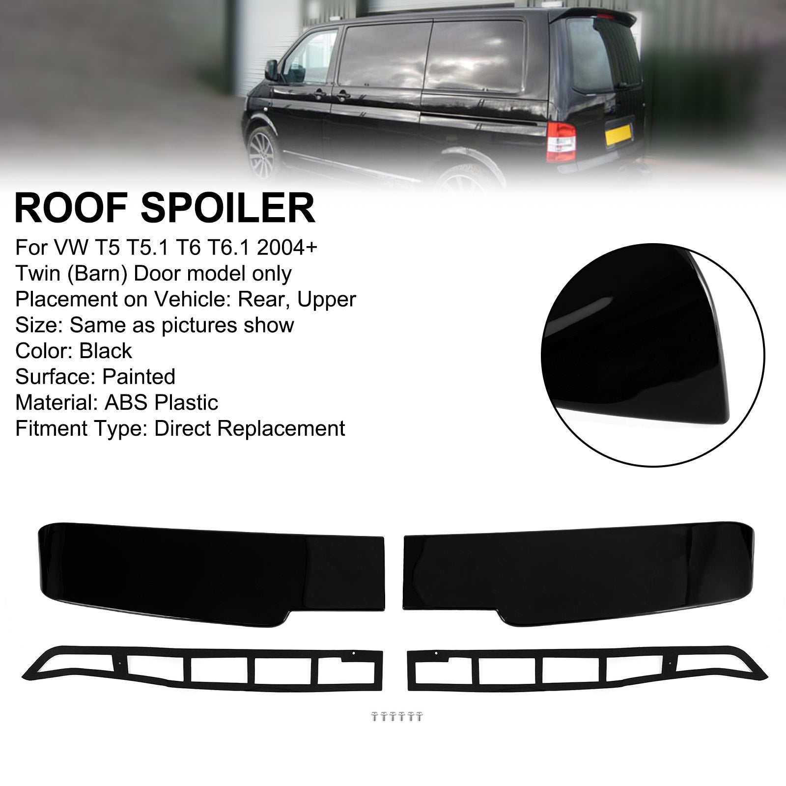 Spoiler per porta del fienile nero premium adatto per VW Transporter T5 T5.1 T6 T6.1
