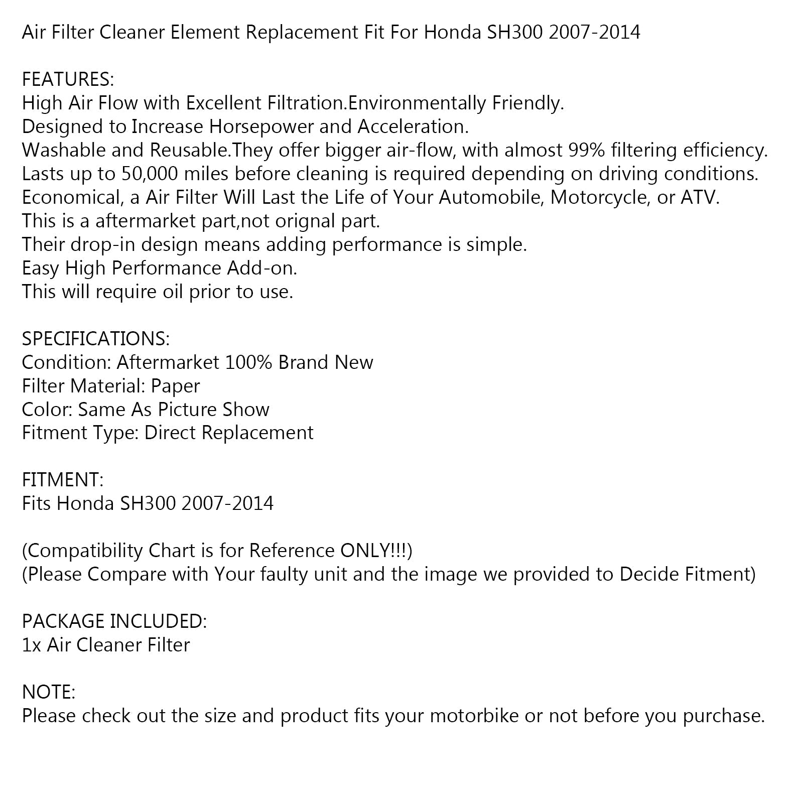 Filtro de aire para Honda SH300 SH 300 2007 2008 2009 2010-2014 17210-KTW-900 genérico