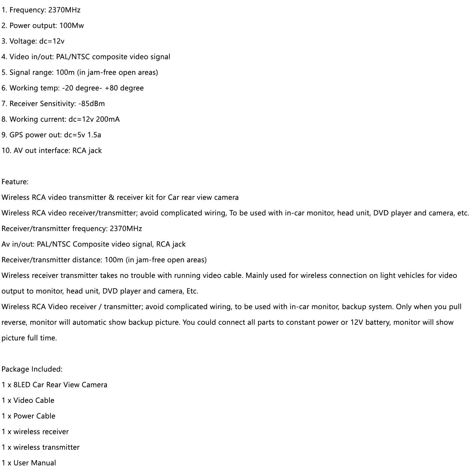 Vue arrière de voiture sans fil caméra de recul de recul étanche vue nocturne CMOS