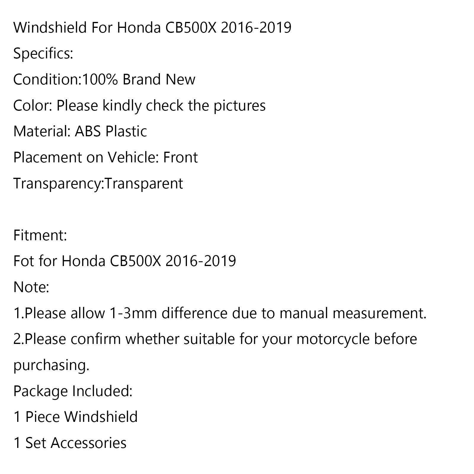 ABS Plastikowa przedniej szyby motocyklowej dla Honda CB500X 2016-2019 Ogólne