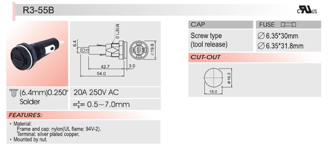 4 kpl SCI R3-55B Paneeliasennettava rungon sulakepidike 6x30mm lasisulakkeille 20A 250V