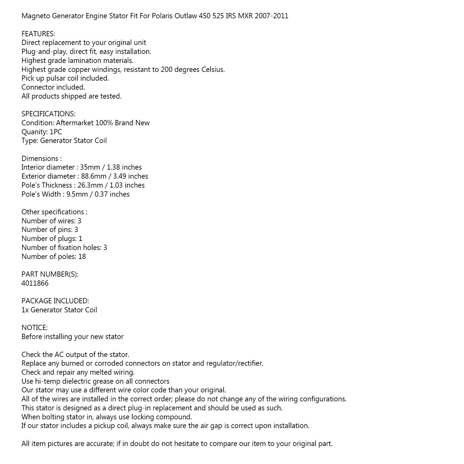 DYNAMO STATOR GENERATOR Geschikt voor Polaris Outlaw 450s & 525 07-11 ATV 4011866