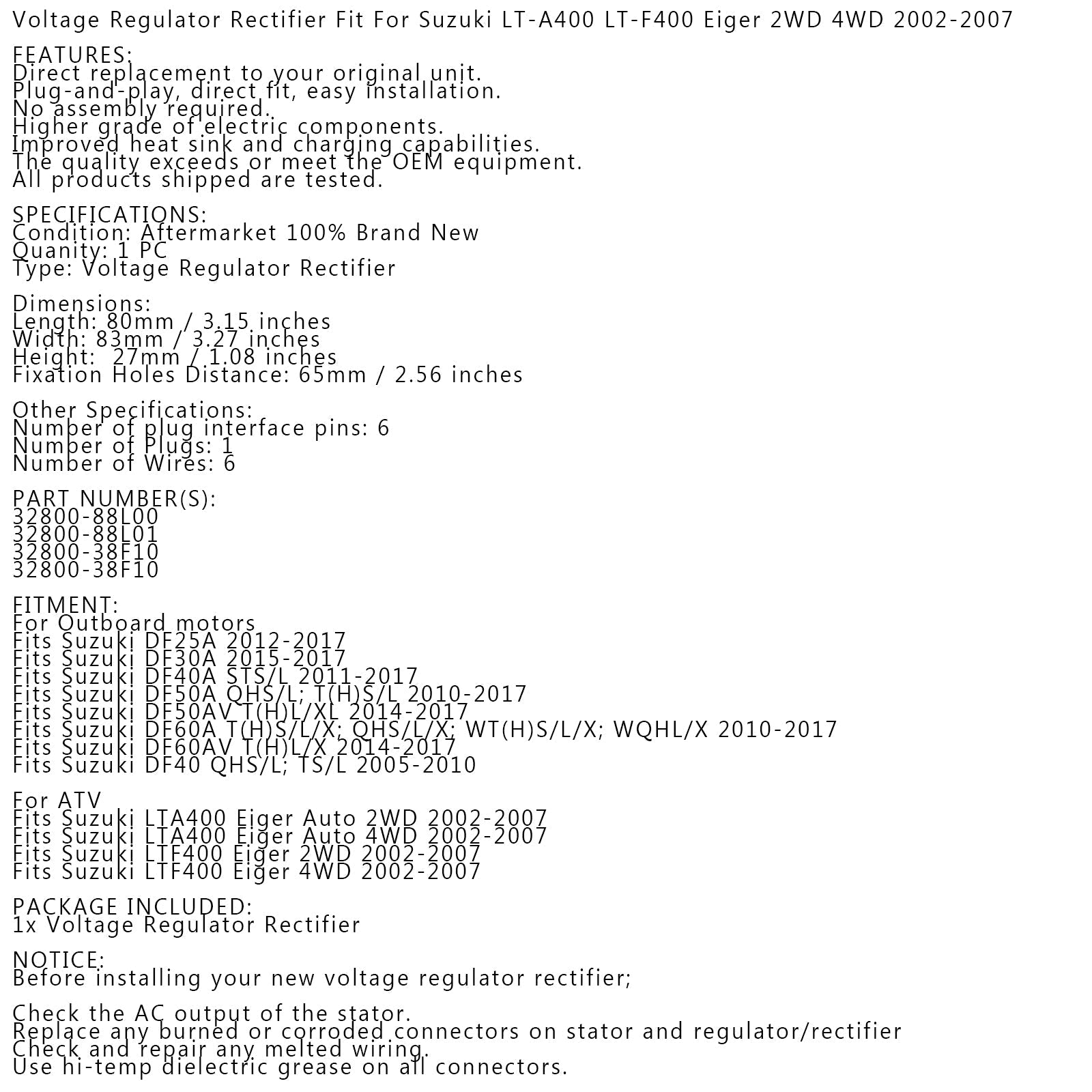 Suzuki LTA400 LT-A400 Eiger 2WD 4WD 2002-2007 #32800-38F10 Prostownik regulatora
