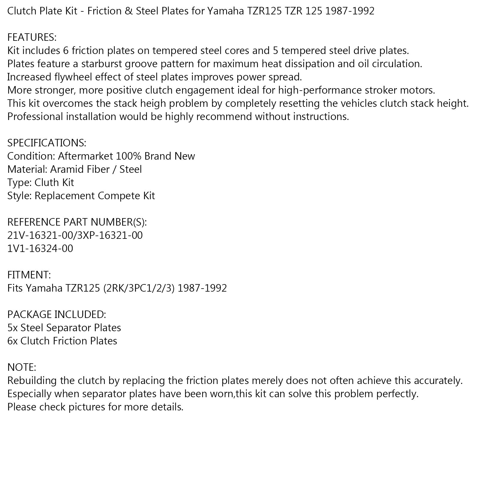 Stalen koppelingsset en wrijvingsschijven voor Yamaha TZR125 TZR 125 1987-1992 Generiek