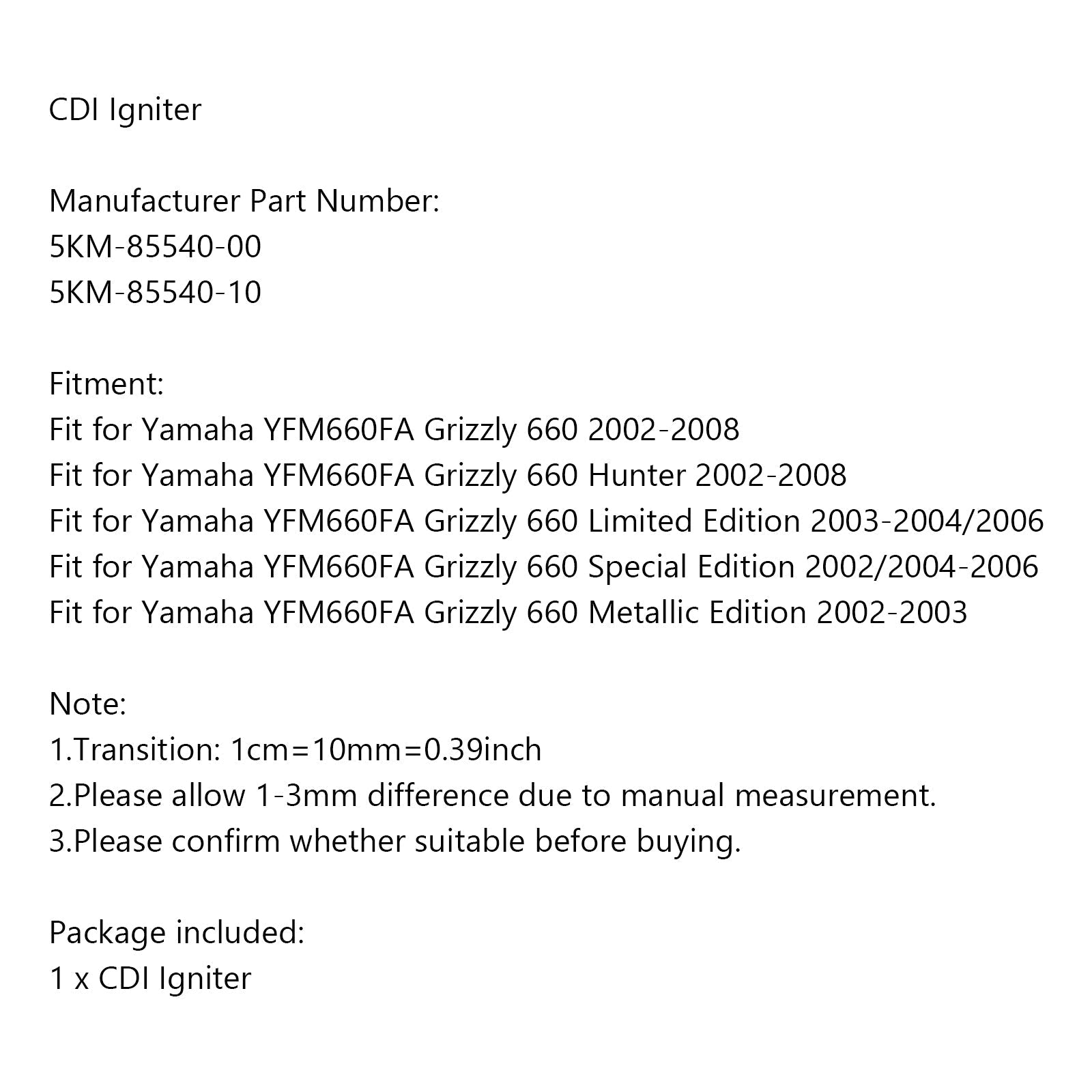 Allumeur CDI pour Yamaha YFM660FA Grizzly 660 2002-2008 5KM-85540-00 Générique