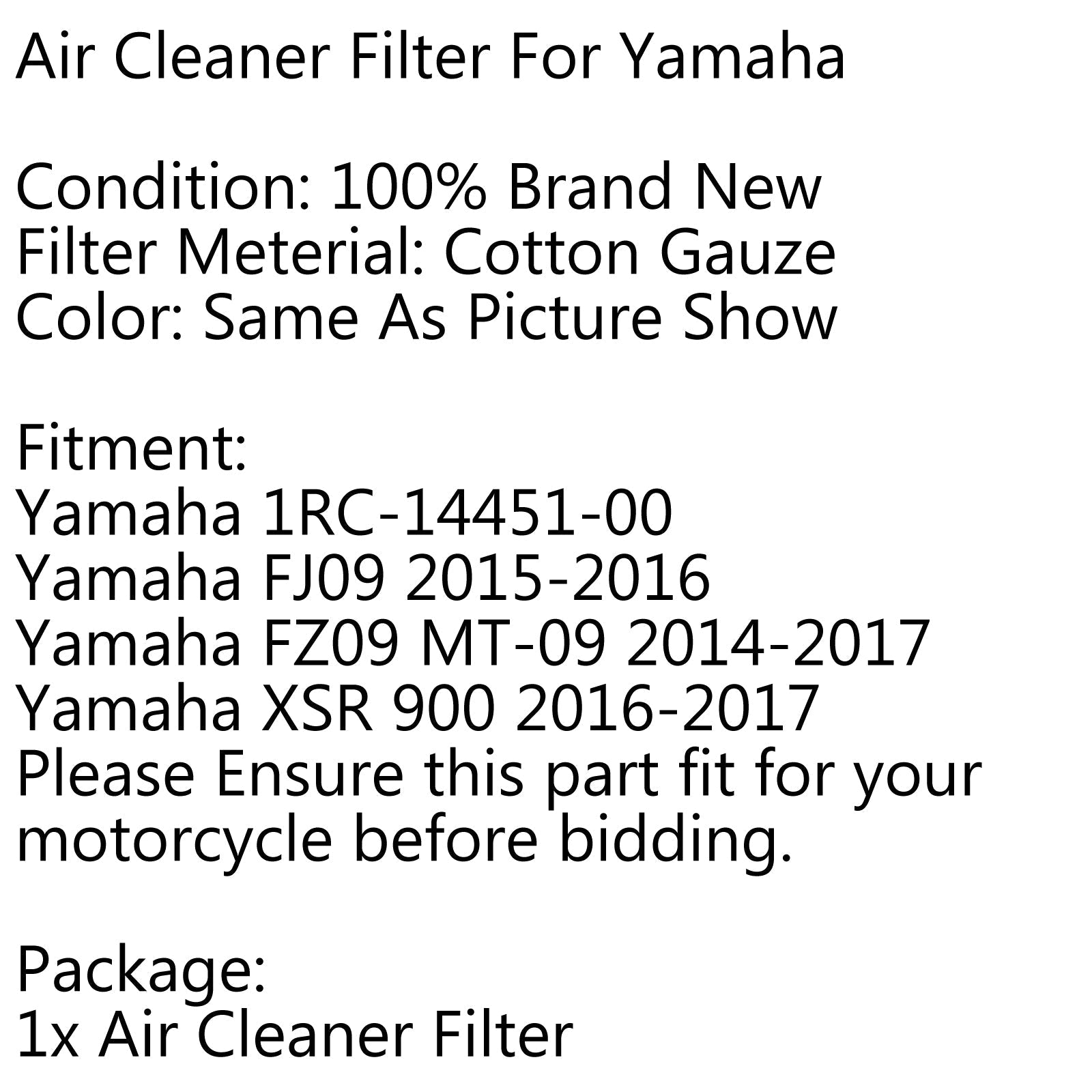 Elemento de filtro de aire para Yamaha XSR 900 FZ09 MT-09 2014-2017 Genérico