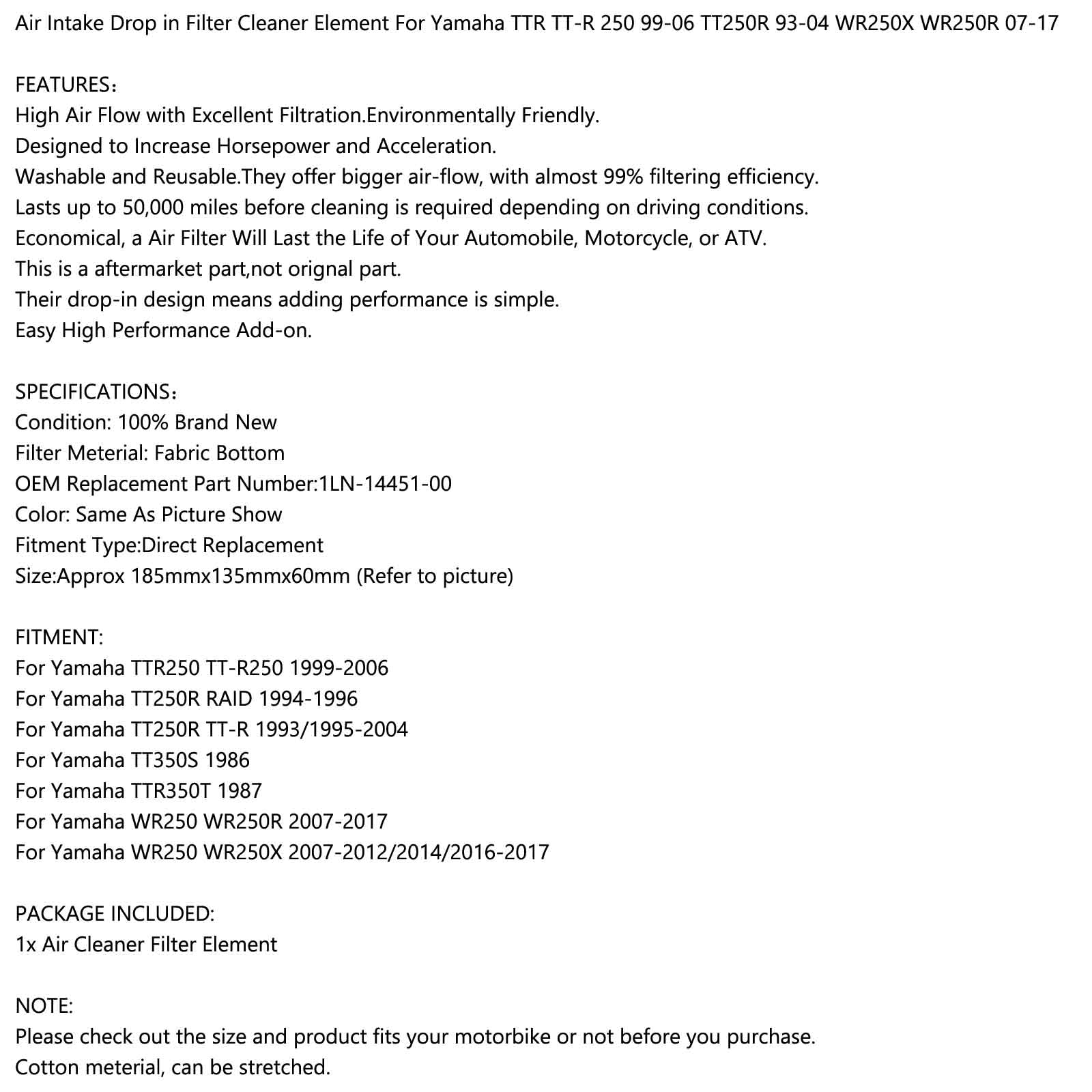 Limpiador de filtro de aire para Yamaha TT250R TTR250 93-06 WR250 R/X 07-17 1LN-14451-00 Genérico