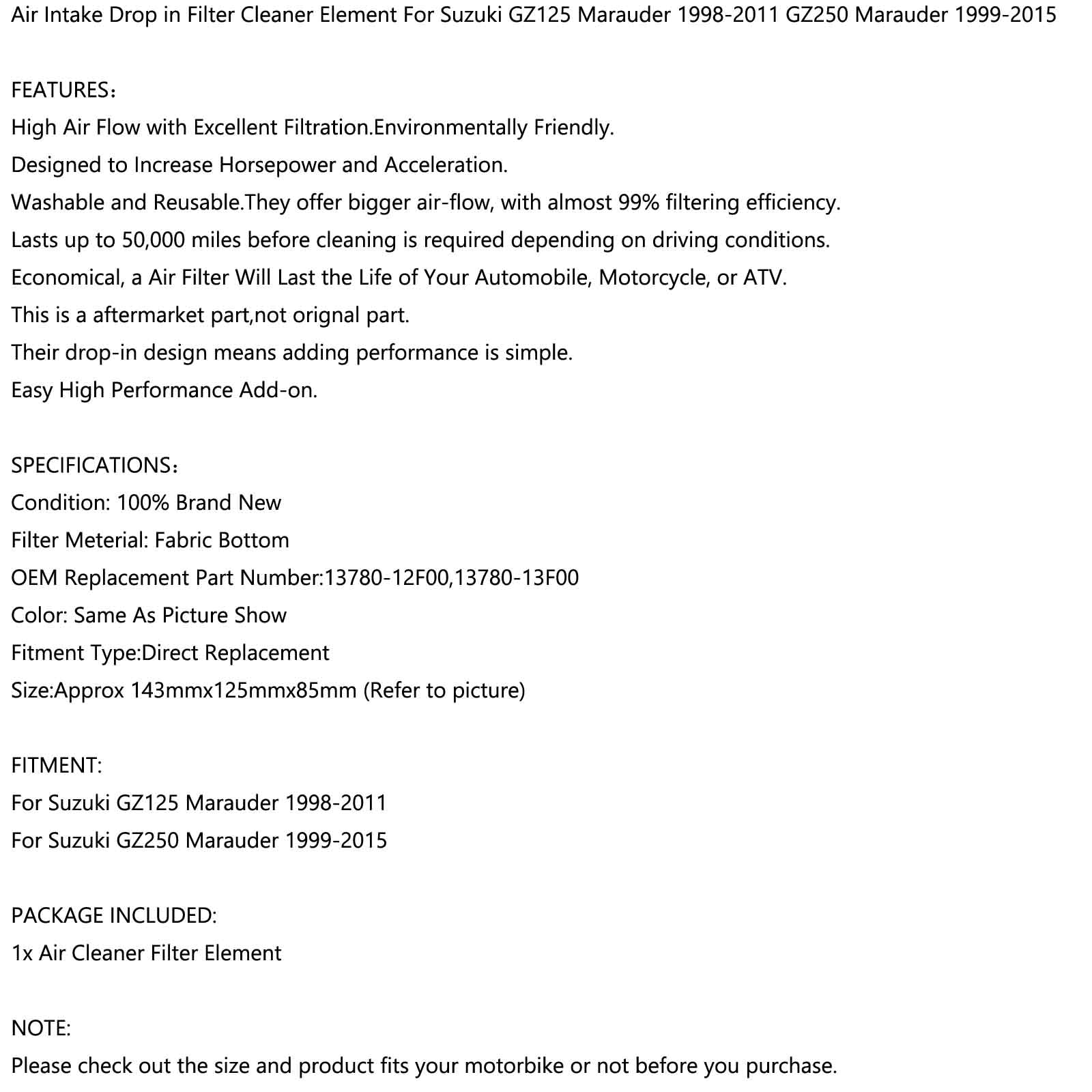 Čistilec zračnih filtrov za Suzuki GZ250 Marauder 250 1999-2015 GZ125 13780-13f00 Generic