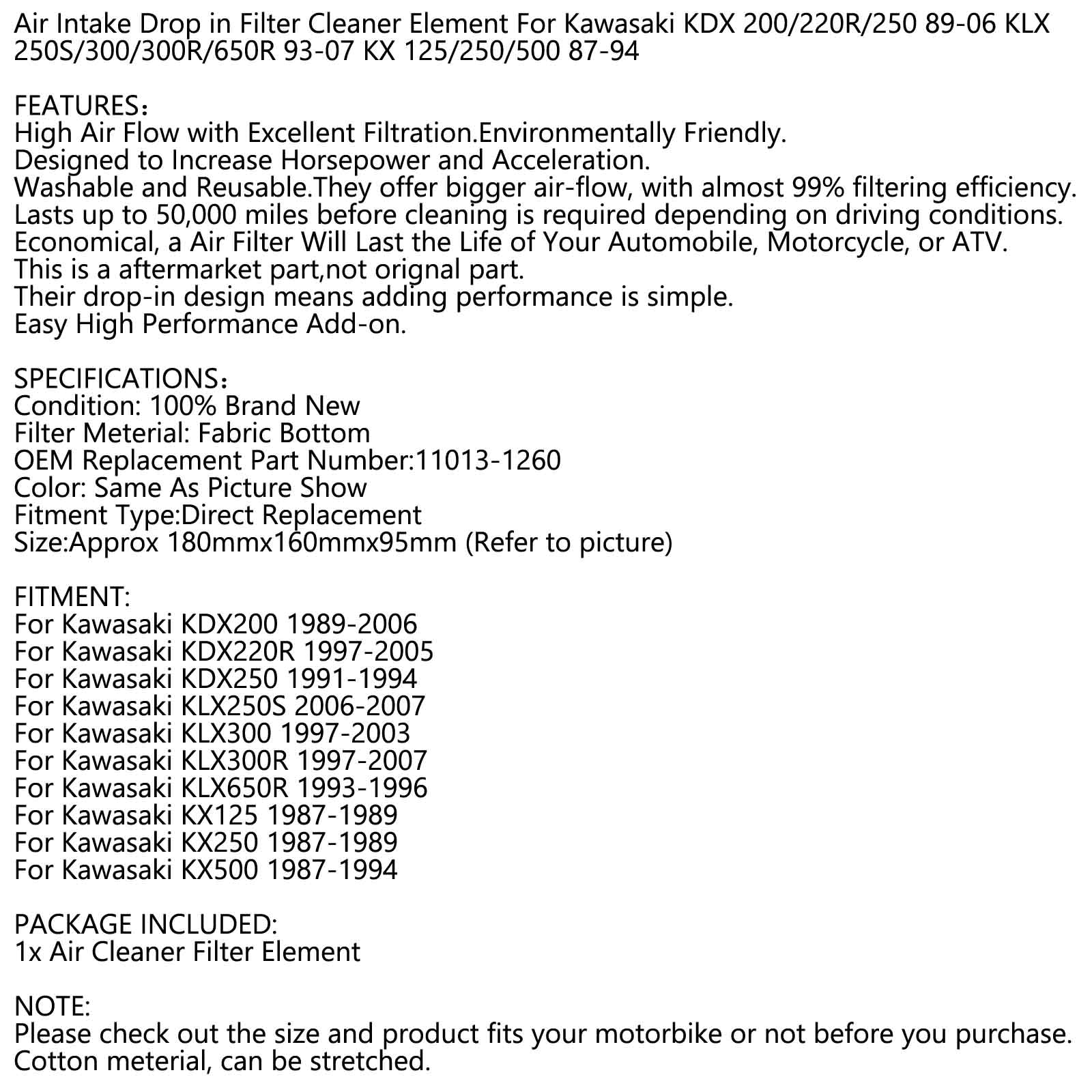Limpiador de filtro de aire para Kawasaki KLX250S KLX300 R 97-07 KLX650R 93-96 KDX KX 250 genérico