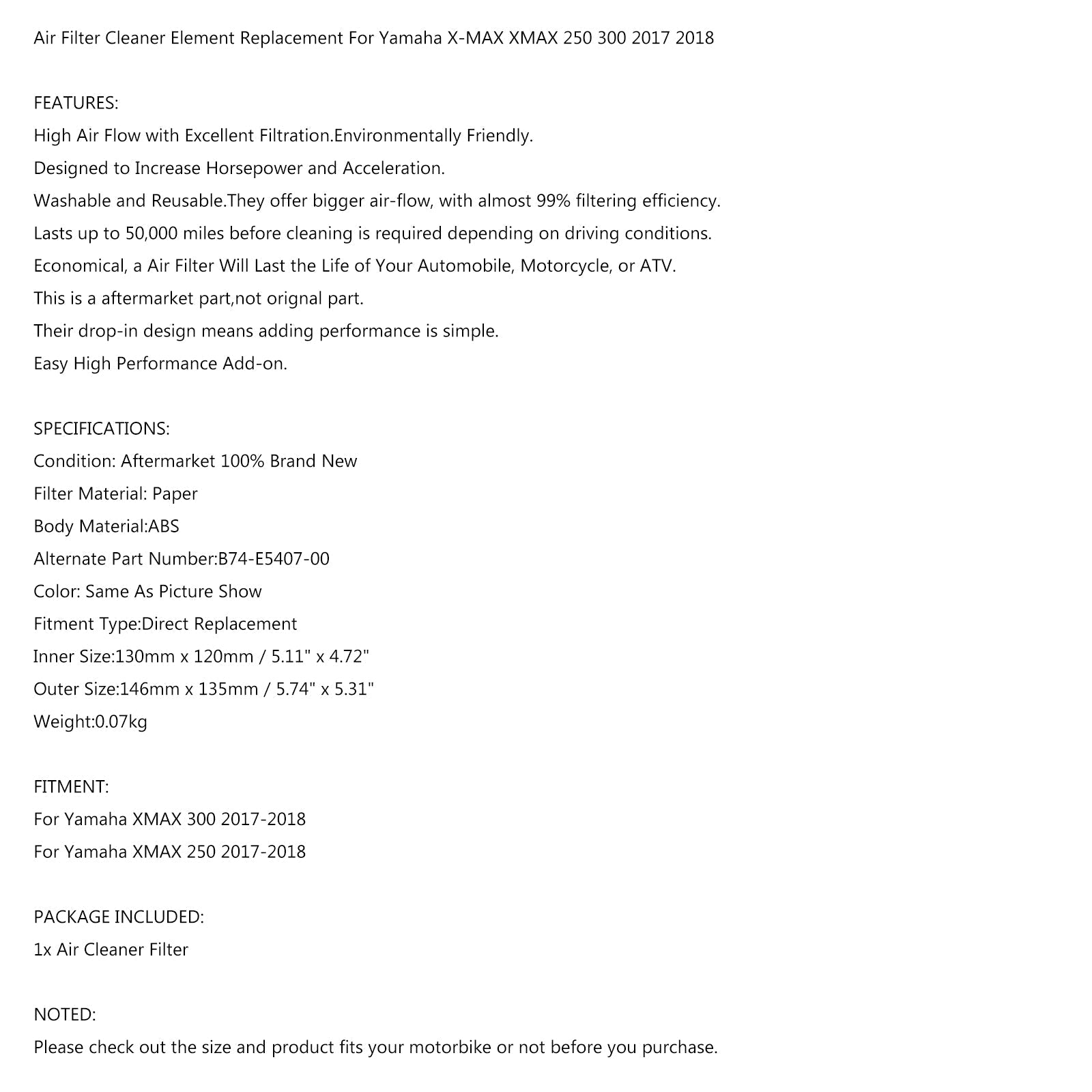 Filtro de aire para Yamaha XMAX 300 XMAX 250 2017-2018 Reemplazar. # B74-E5407-00 Genérico