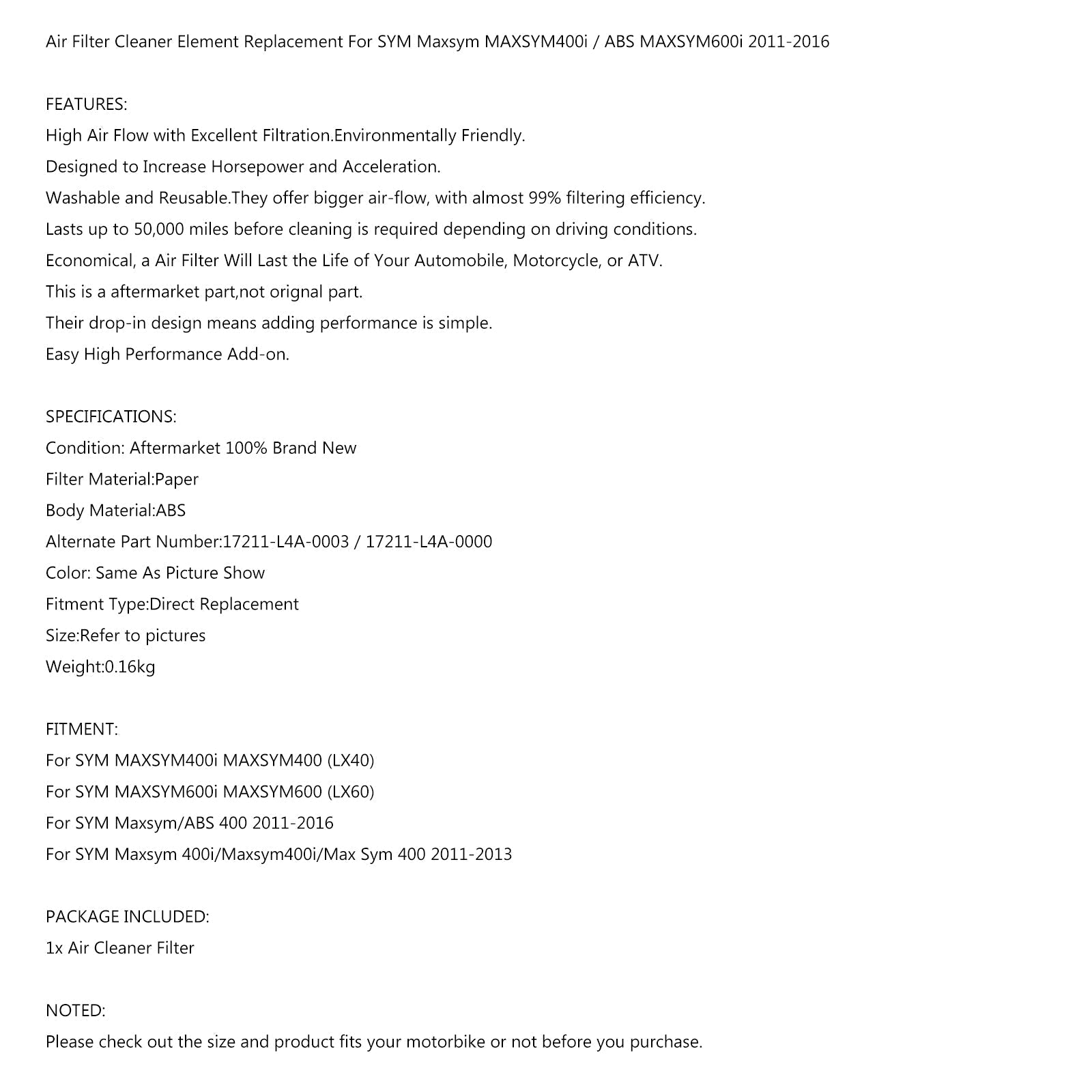 Luchtfilterreiniger voor SYM Maxsym 400 400i LX40 11-16 Maxsym 600 600i LX60 11-13 Generiek