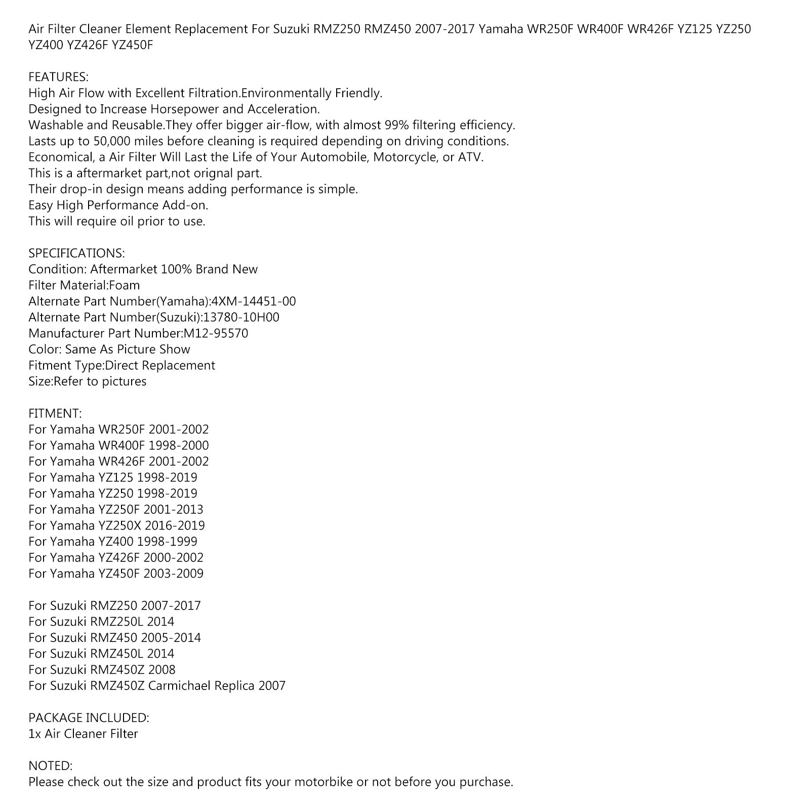 Limpiador de filtro de aire de espuma para Suzuki RMZ250 RMZ250L RMZ450 Z/L 05-17 13780-10H00 genérico
