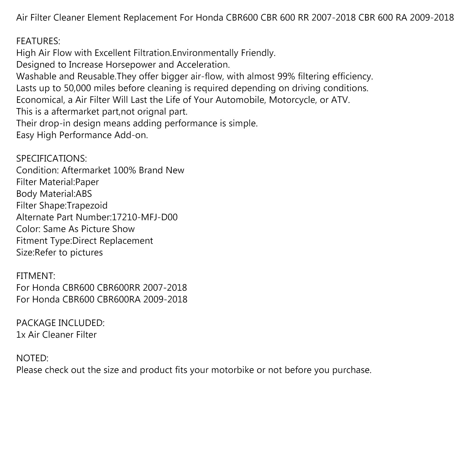 Limpiador de filtro de aire para Honda CBR600 CBR600RR CBR600RA 2007-2018 17210-MFJ-D00 genérico