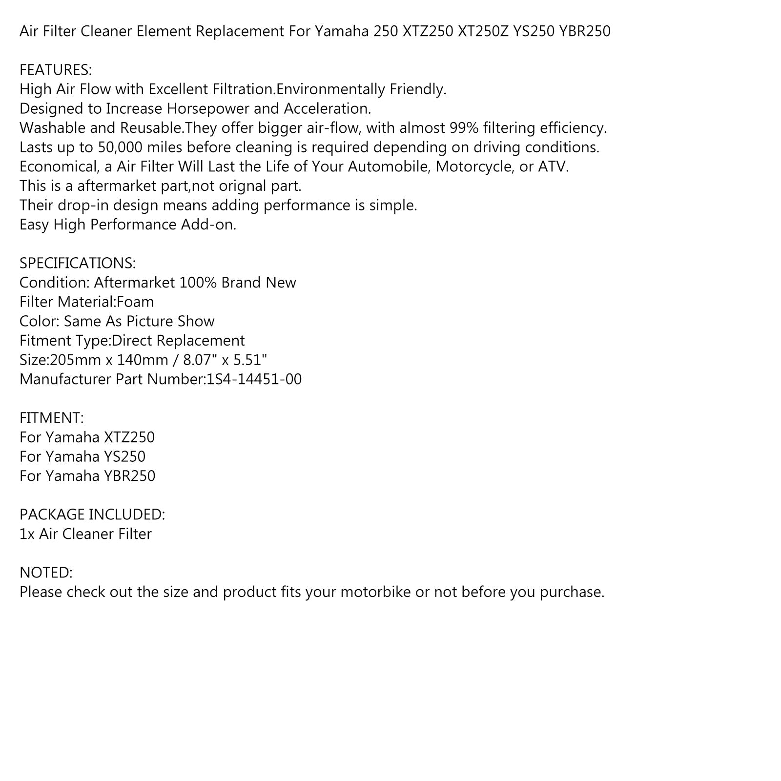 Foam filtrirni element za Yamaha XTZ250 YBR250 YS250 1AE-14451-00 Generic