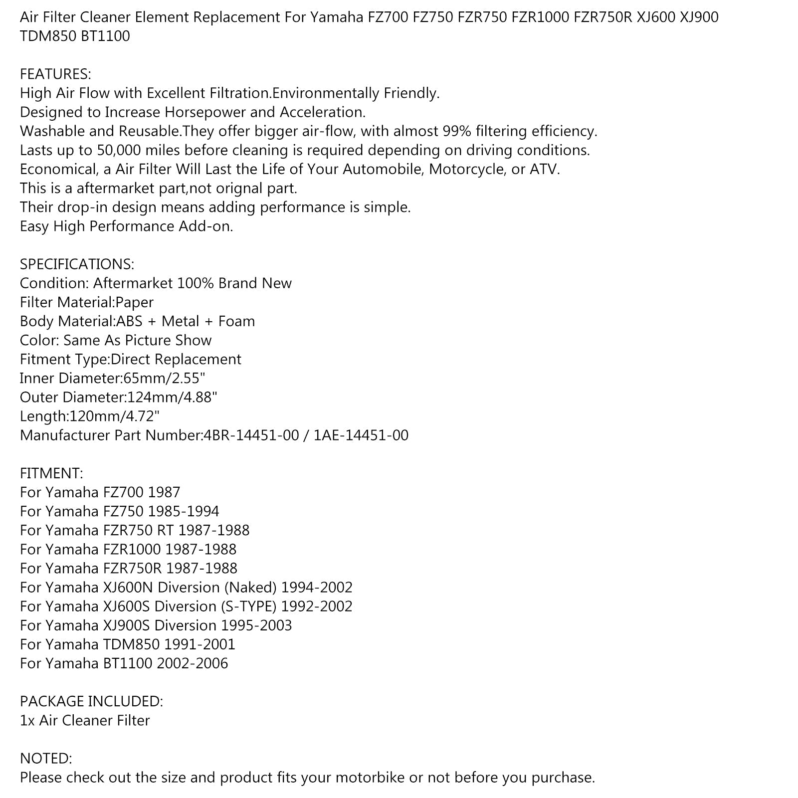Limpiador de filtro de aire para Yamaha XJ600S XJ600N XJ900S Diversion 92-03 1AE-14451-00 Genérico