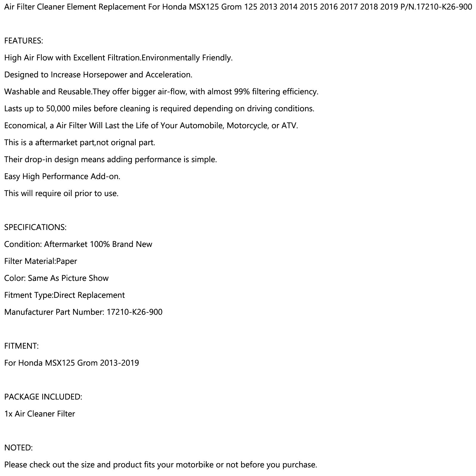 Element zračnega filtra za Honda MSX125 Grom 125 2013-2019 P/N.17210-K26-900 generic