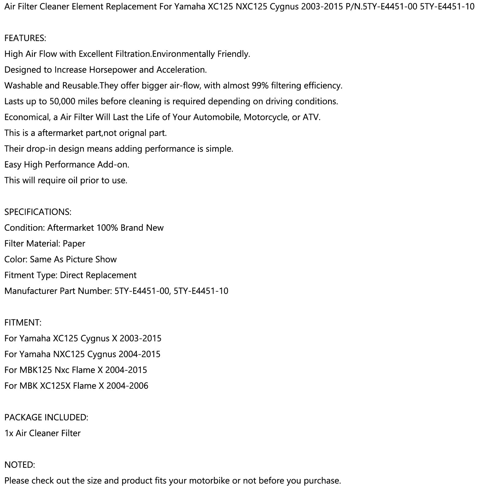 Limpiador de filtro de aire para Yamaha XC125 NXC125 Cygnus / Flame X 03-15 5TY-E4451-00 Genérico