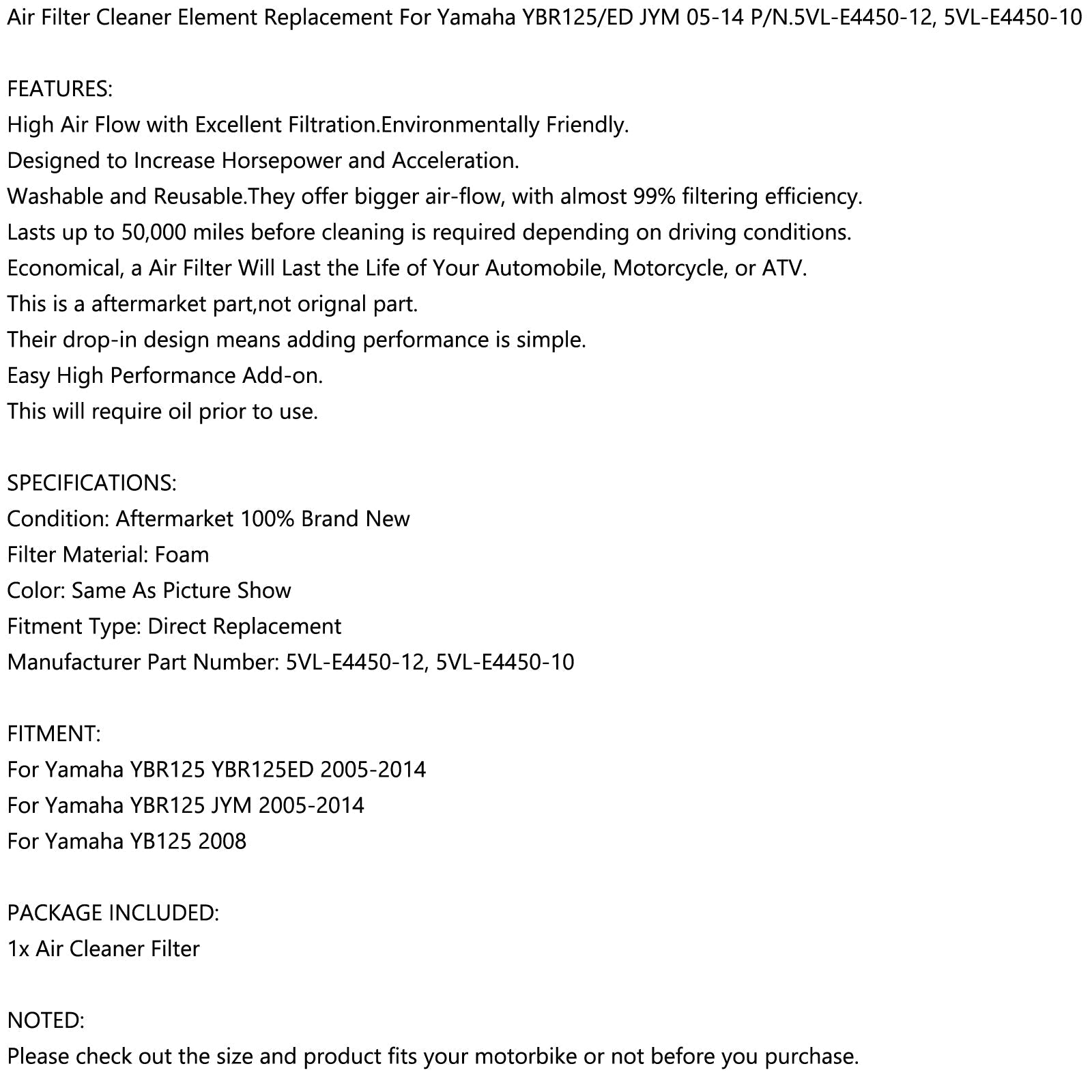Filtro de aire para Yamaha YBR125 YBR 125 Standard & Custom 2005-2014 5VL-E4450-12 Genérico