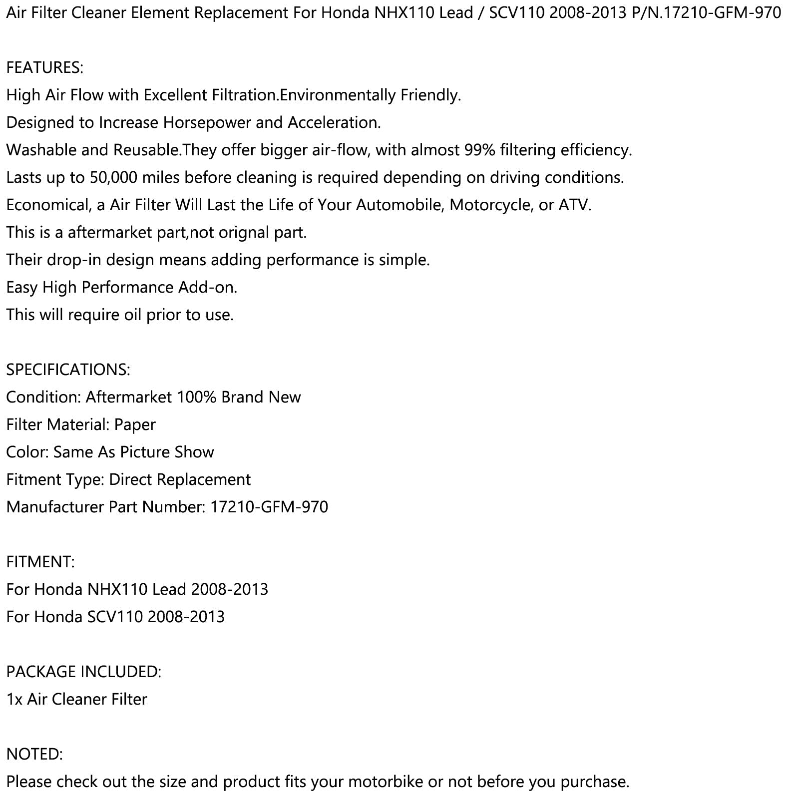 Elemento de filtro de aire para Honda SCV 110 NHX 110 LEAD 2008-2013 17210-GFM-970 genérico